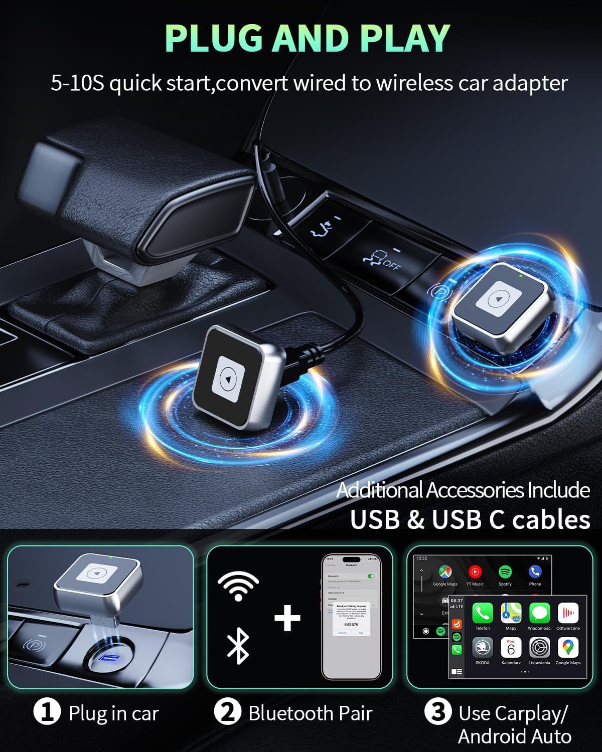 Wireless CarPlay & Android Auto Adapter 1-Inch (2.54cm) - Discreet Plug & Play, Stable 5G Connection for Music/Navigation, Works with iPhone iOS 10+ & Android 11+,for 98% of Cars (2016-2025) (Silver)