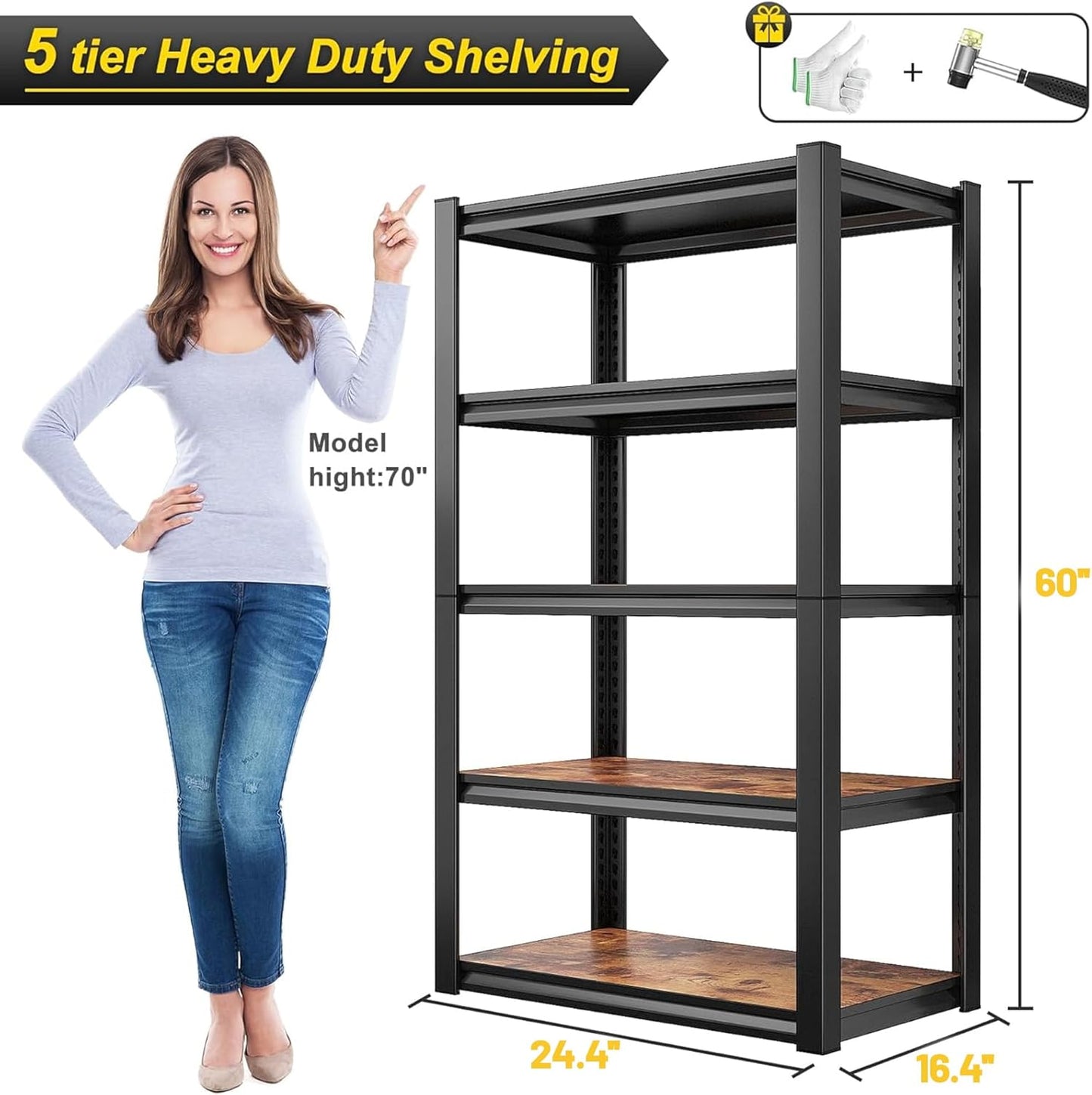 REIBII Storage Shelves 2500LBS Metal Shelving Adjustable Garage Shelving 5 Tier Garage Storage Shelves for Closet Kitchen Pantry 24.4''W X 16.4''D X 60''H