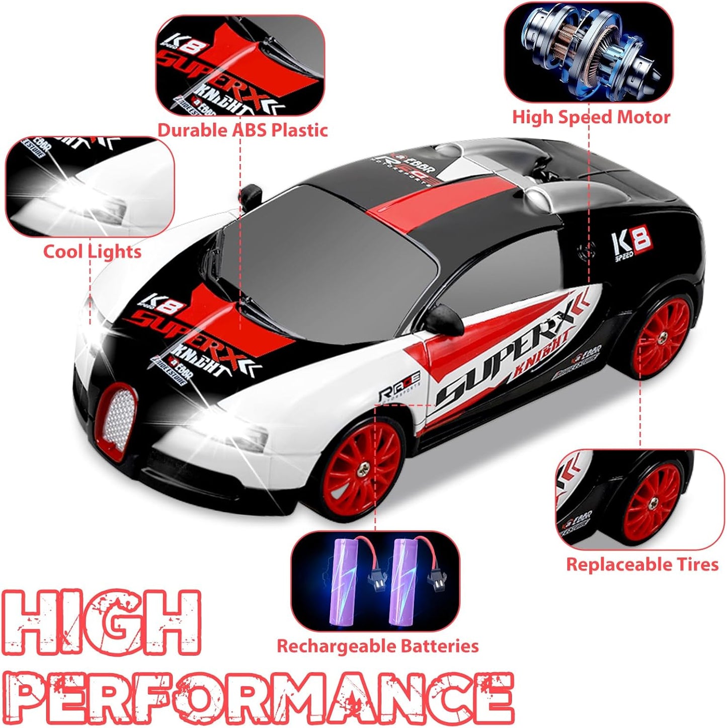 RC Drift Car 2.4GHz 1:24 Remote Control Cars 4WD 15KM/H High Speed Drifting RC Cars with Cool Lights, Two Batteries and Extra Tires Toys Car for Kids Boys Girls Adults, Black
