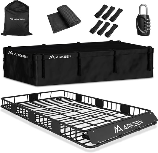 ARKSEN 84 x 50 x 6 Inch Universal Extra Wide 150LB Heavy Duty Roof Rack Cargo with 500D PVC Waterproof Cargo Bag, Car Top Luggage Holder Carrier Basket for SUV, Truck, & Car Steel Construction