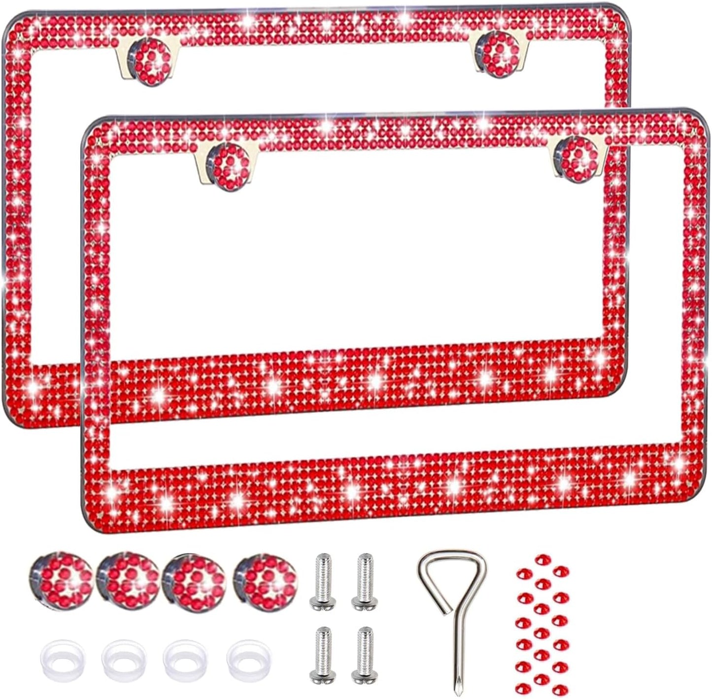 2 Pack License Plate Frames for Women, Sparkly Rhinestone Diamond Car Accessories with Glitter Crystal Caps (Red(2PCS))