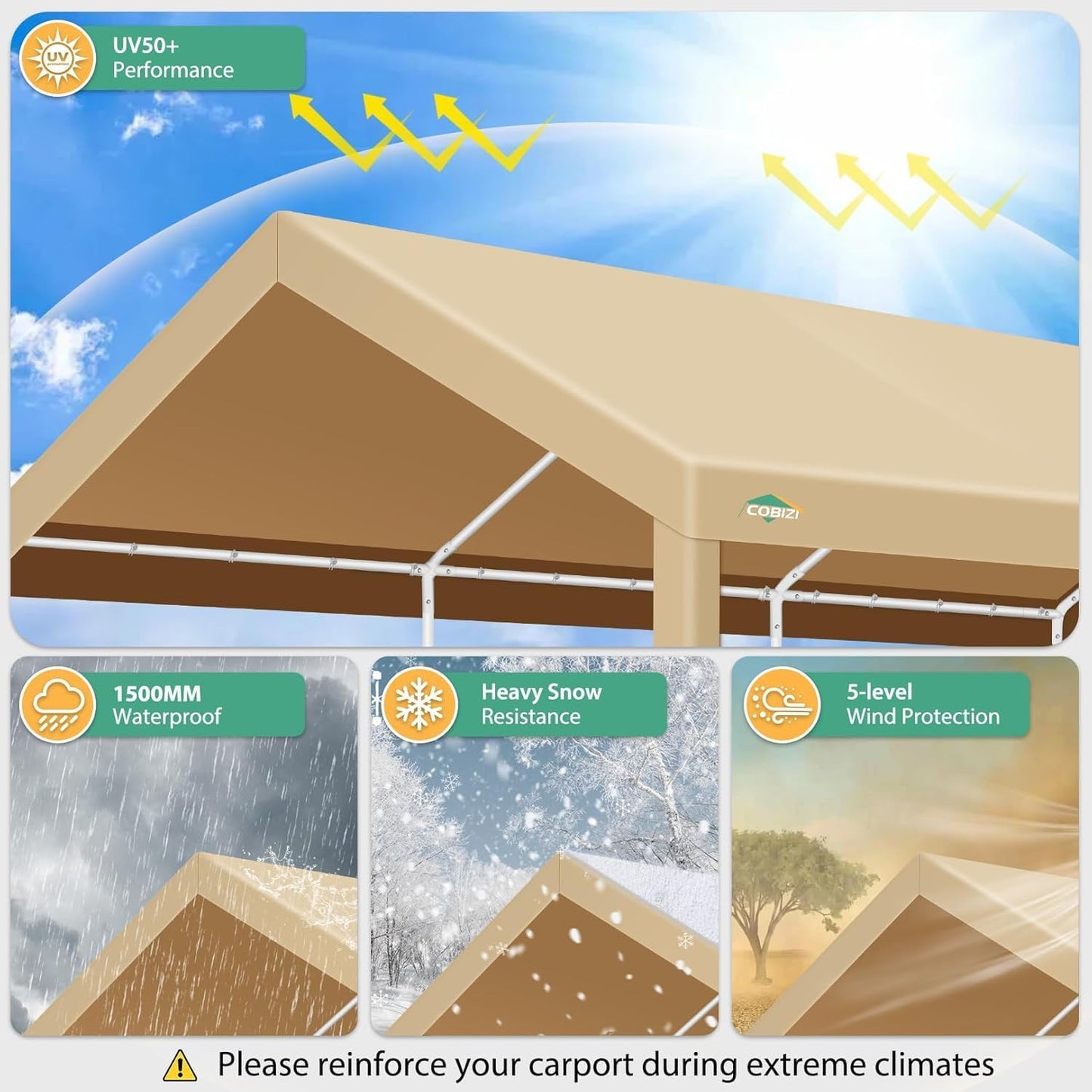 COBIZI Carport 12x20ft Heavy Duty Portable Garage, 2.0 Powder Coated Frame(Better Than Galvanized), Waterproof Shelter with Built-in Sandbags, for Car/Boat/SUV, Khaki