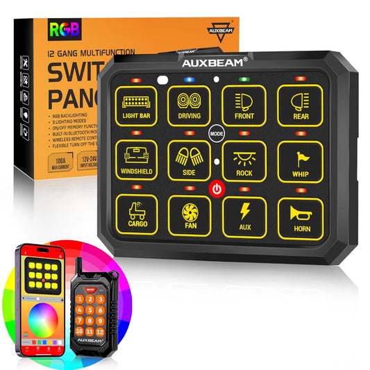 Auxbeam 12 Gang Switch Panel Bluetooth RGB AC-1200 with APP&Remote Control Toggle Momentary Pulsed Switch Pod Off Backlight for Truck Offroad UTV ATV Car Marine 12-24V Waterproof 2 Years Warranty