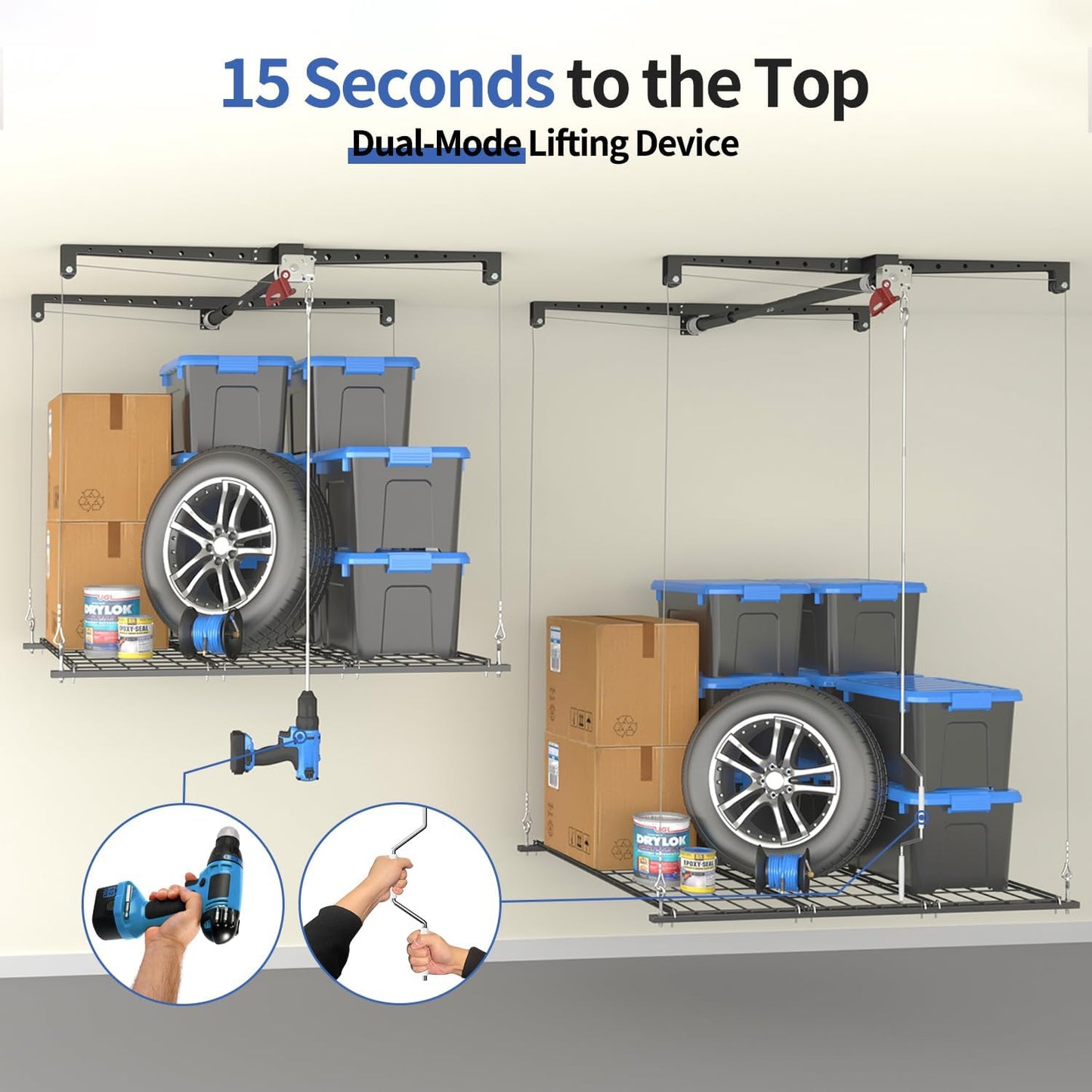 Overhead Garage Storage Rack, Heavy-duty 4x4 Ft Ceiling Storage Racks with Safety Lock, Ideal for Garage Storage Mounted Lift System and Storage Organizer, 250lbs Capacity