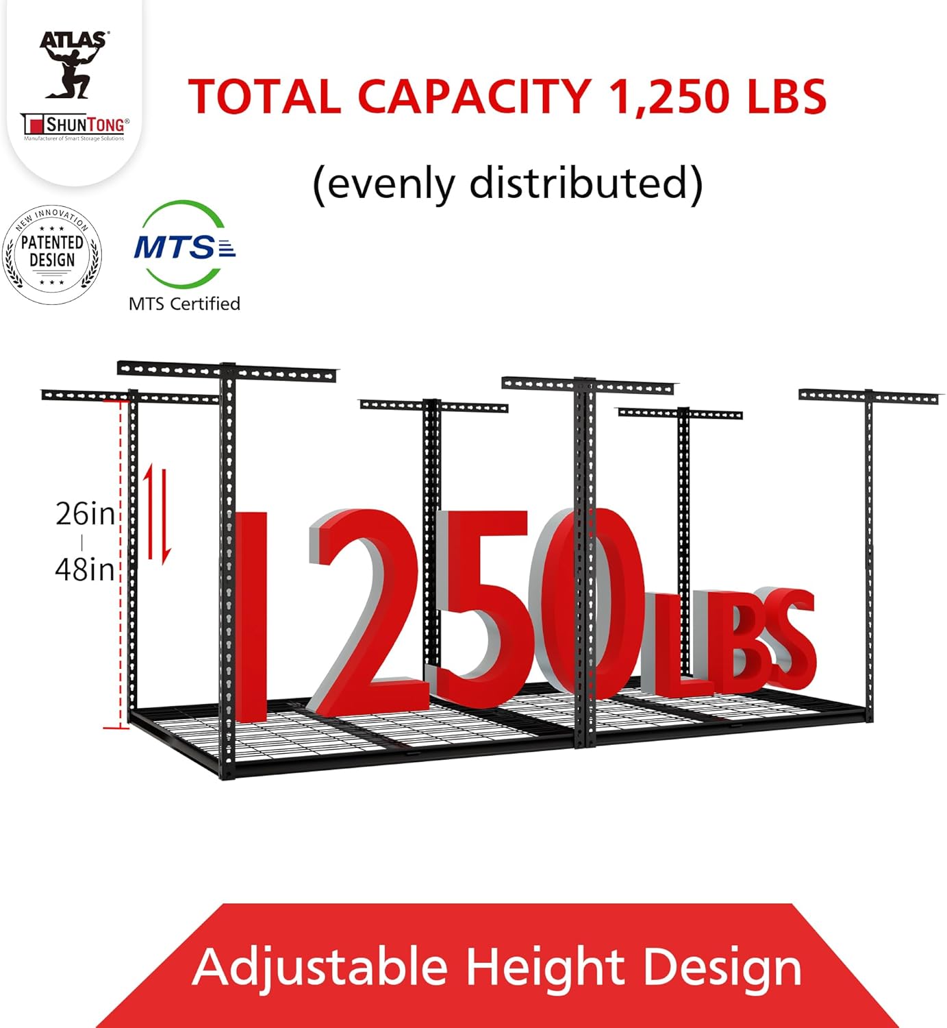 The Atlas Pro 4 x 8 ft Overhead Garage Storage Rack, Ultra Duty 1250lbs Weight Capacity, Adjustable Height 26"-48", Hammertone