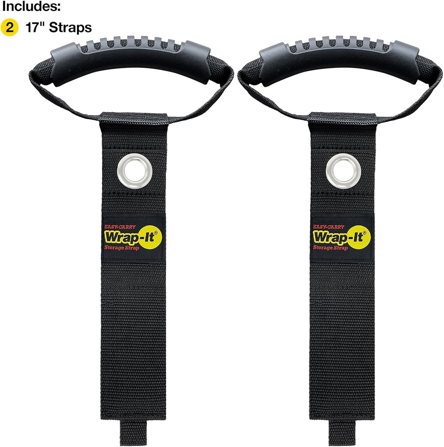 Easy-Carry Wrap-It Storage Straps - 17" (2-Pack) Black with Grommet - Extension Cord Organizer with a Handle for Cable and Hose Storage
