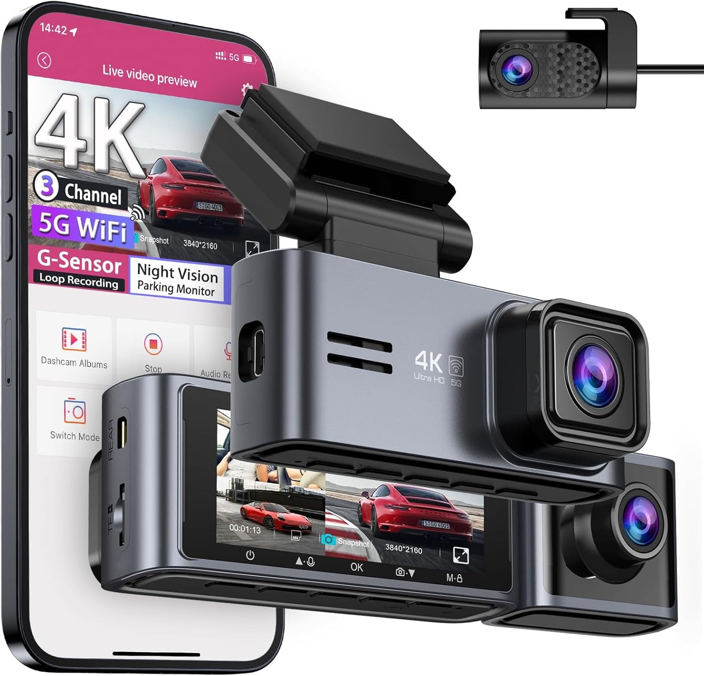 OMBAR Dash Cam 5G WiFi GPS, 3 Channel Dash Cam Front and Rear Inside 2K+1080P+1080P, 3.18" LCD Screen, 64GB Card Included, Dual Dash Camera for Cars 4K/2K/1080P+1080 P IR Night Vision, WDR, G-Sensor