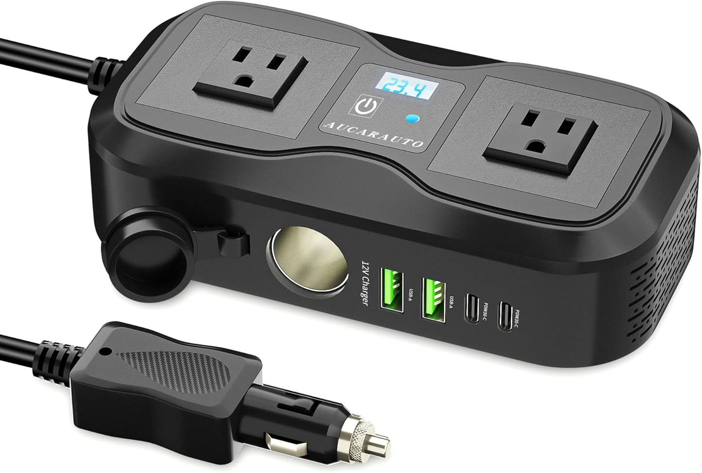 7 in 1 Car Power Inverter, 200W DC 12V to 110V AC Car Inverter with LED Voltmeter, 4-Port PD/QC3.0 Charge, 2 Car Outlets and Cigarette Lighter Adapter USB C Car Charger for All Car Devices