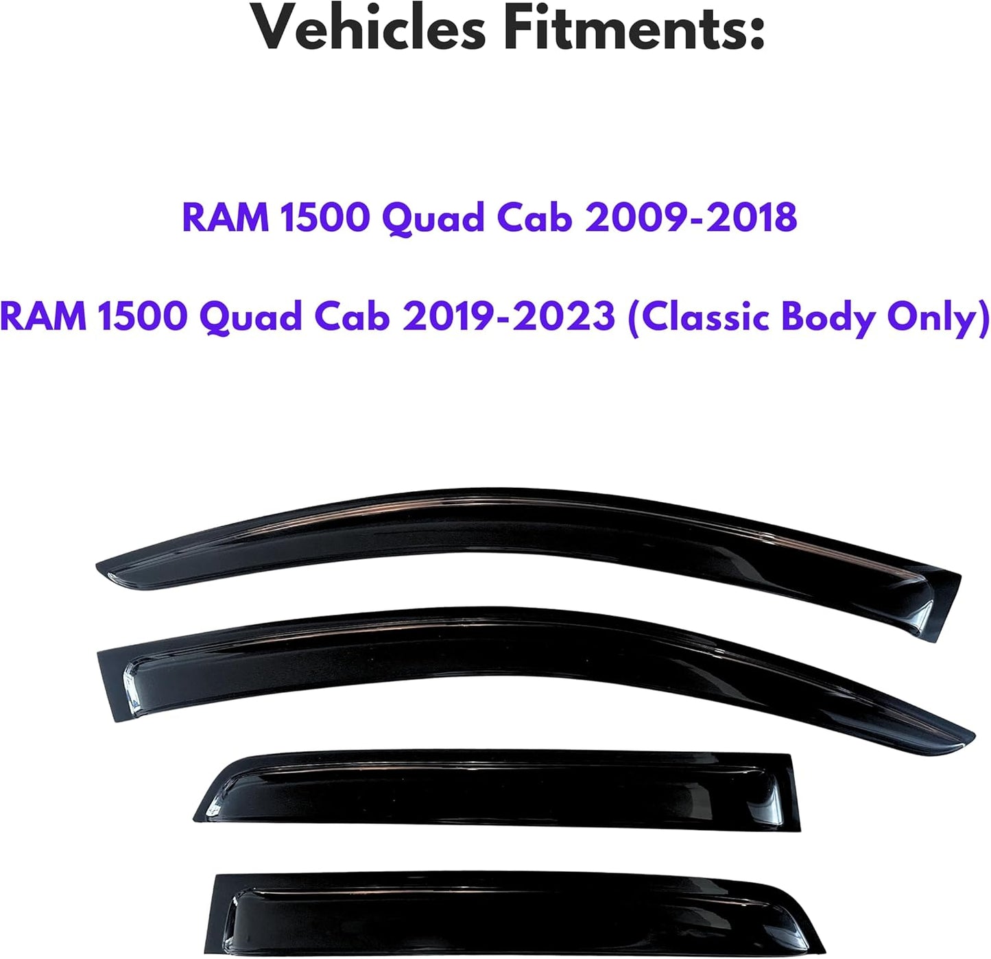 KPY Window Visor Compatible with 2009-2018 Dodge Ram 1500 Quad Cab, 4PC Rain Guard Side Window Vent Deflectors Tape-On Style, 2009 2010 2011 2012 2013 2014 2015 2016 2017 2018 (Quad/Extended Cab Only)