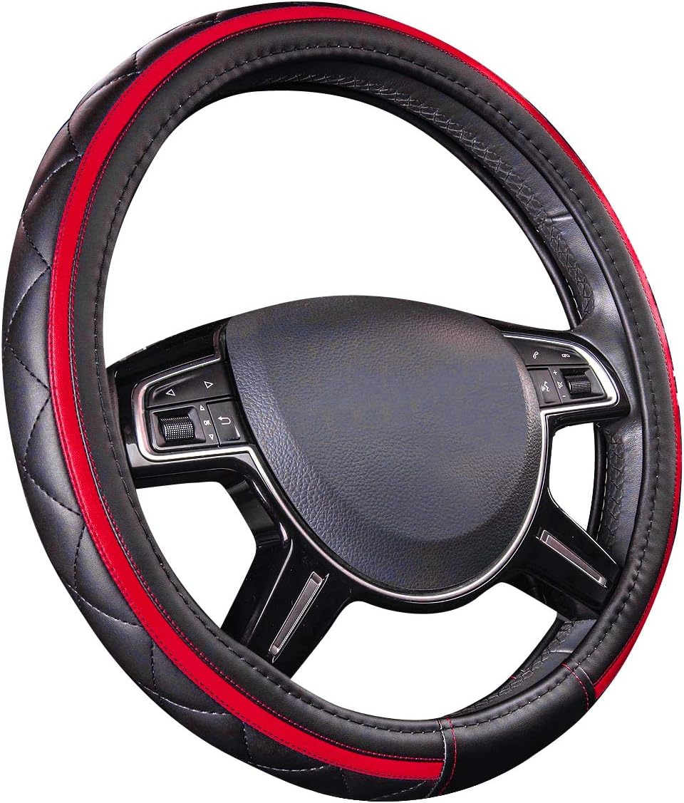 CAR PASS Sporty Quilting Leather Universal Fit Steering Wheel Cover,Fit for Suvs,Vans,Sedans,Trucks for 14.7" to 15" (Black & Red)