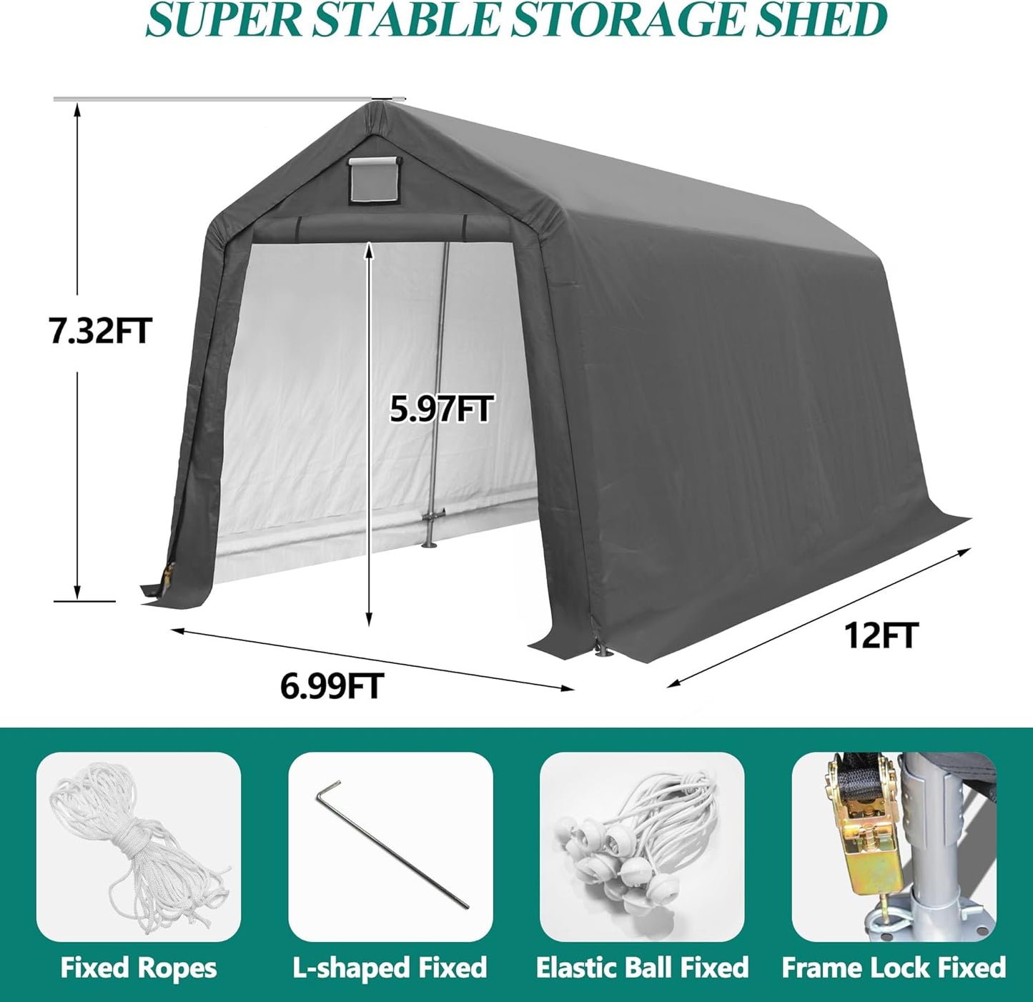 7' x 12' Outdoor Storage Shed- Heavy Duty Storage Shelter Tent with Roll-up Ventilated Door, Portable Garage Zipper Storage shed for Bike, ATV, Motorcycle Shelter, Gray