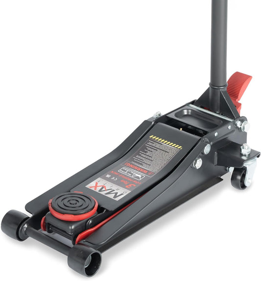 3-Ton (6600lbs) Low-Profile Dual Pistons Heavy-Duty Steel Racing Floor Jack with Quick Lift Hydraulic Pump, Foot Pedal and Magentic Pad for Car Maintenance (Red, 3 Ton Low Profile)