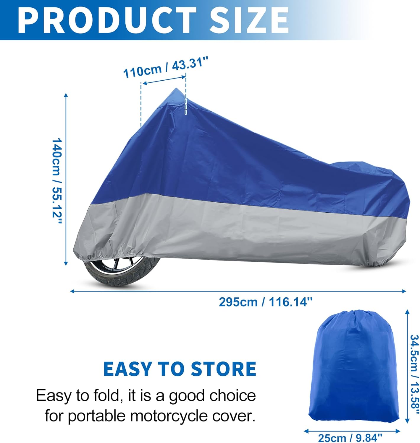 X AUTOHAUX Motorcycle Cover for Harley Davidson for Honda for Suzuki All Season Waterproof Sun Outdoor Protection Motorbike Cover Fits Up to 116.14'' Motorcycles Cover XXXL Blue Silver Tone