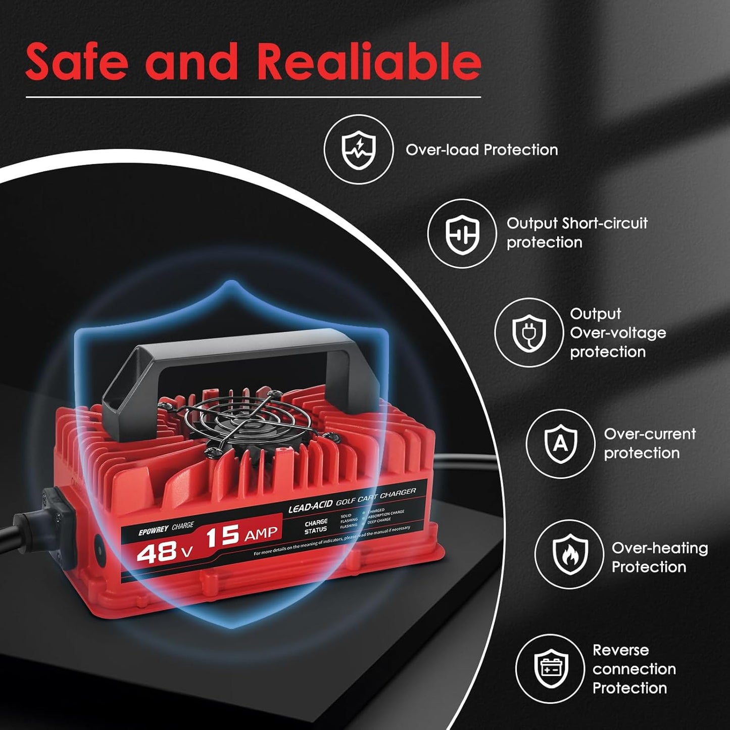 15 AMP Golf Cart Charger for 48 Volt EZGO RXV & TXT with 3 Pin Triangular Plug-Lead Acid Battery