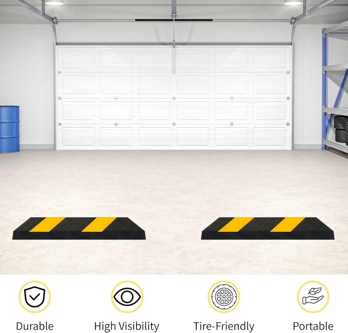 Heavy-Duty Parking Curb Wheel Stop - Driveway Vehicle Stopper for Cars, Trucks & RVs - Durable Rubber Car Barrier with Reflective Strip - Garage & Parking Lot Safety Curb Ramp (21" - 4Pack)