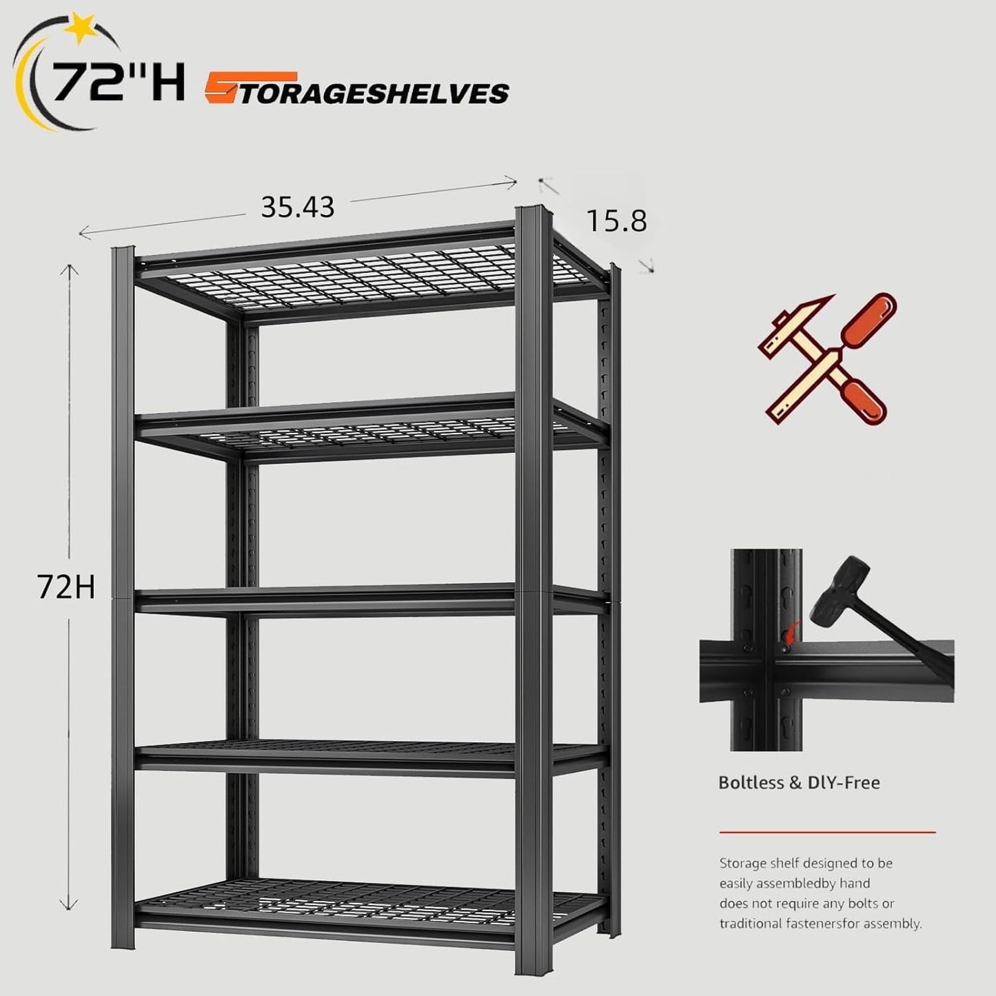 5 Tier Metal Shelving Unit, Adjustable Storage Shelves, 72" H x 35.43" W x 15.8" D Heavy Duty Garage Shelves for Warehouse, Basement, Kitchen, Pantry, Living Room, Black