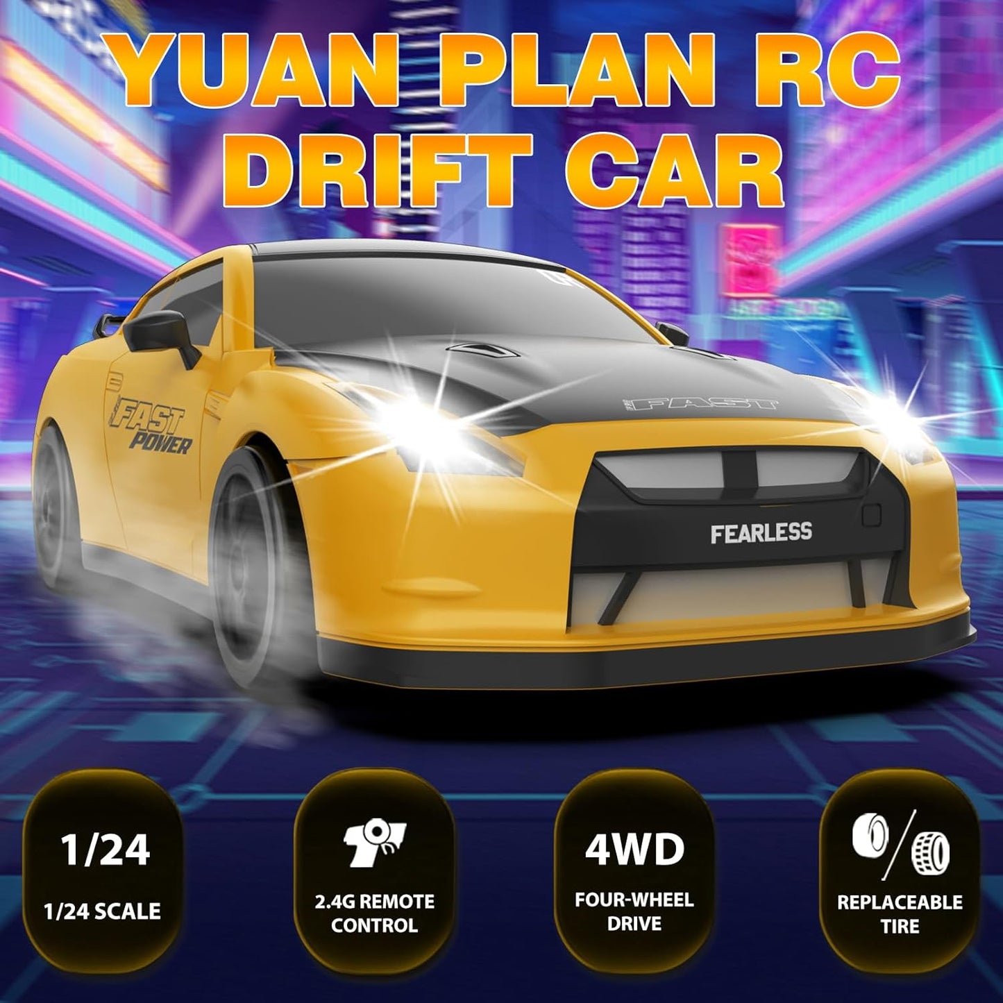 RC Drift Car 1/24 2.4GHz 4WD Remote Control Car, High Speed Drifting RC Cars with LED Lights, 2 Rechargeable Batteries and Drift Tires Racing Toy Cars for Kids (Yellow)