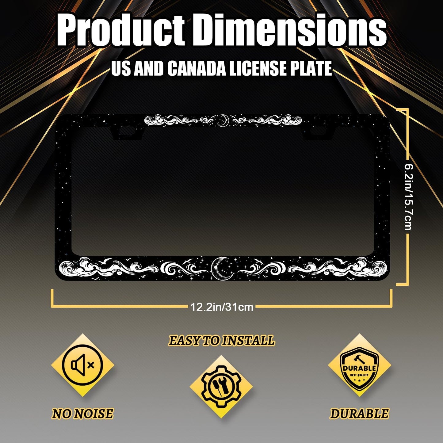 Moon License Plate Frame Clouds Stars Starry Sky License Plate Stainless Steel Funny Black Accessories Cars Decor 12.2 X 6.2 Inch with 2 Holes and Screws Fits Standard Us Ca Vehicles