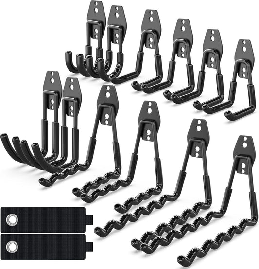 Garage Storage Hooks 14PC, Garage Wall Hooks with 1 Extra Round Strengthen Welding Spot for Hanging & Organizing Shovel, Rake, Chair, Hose(Black)