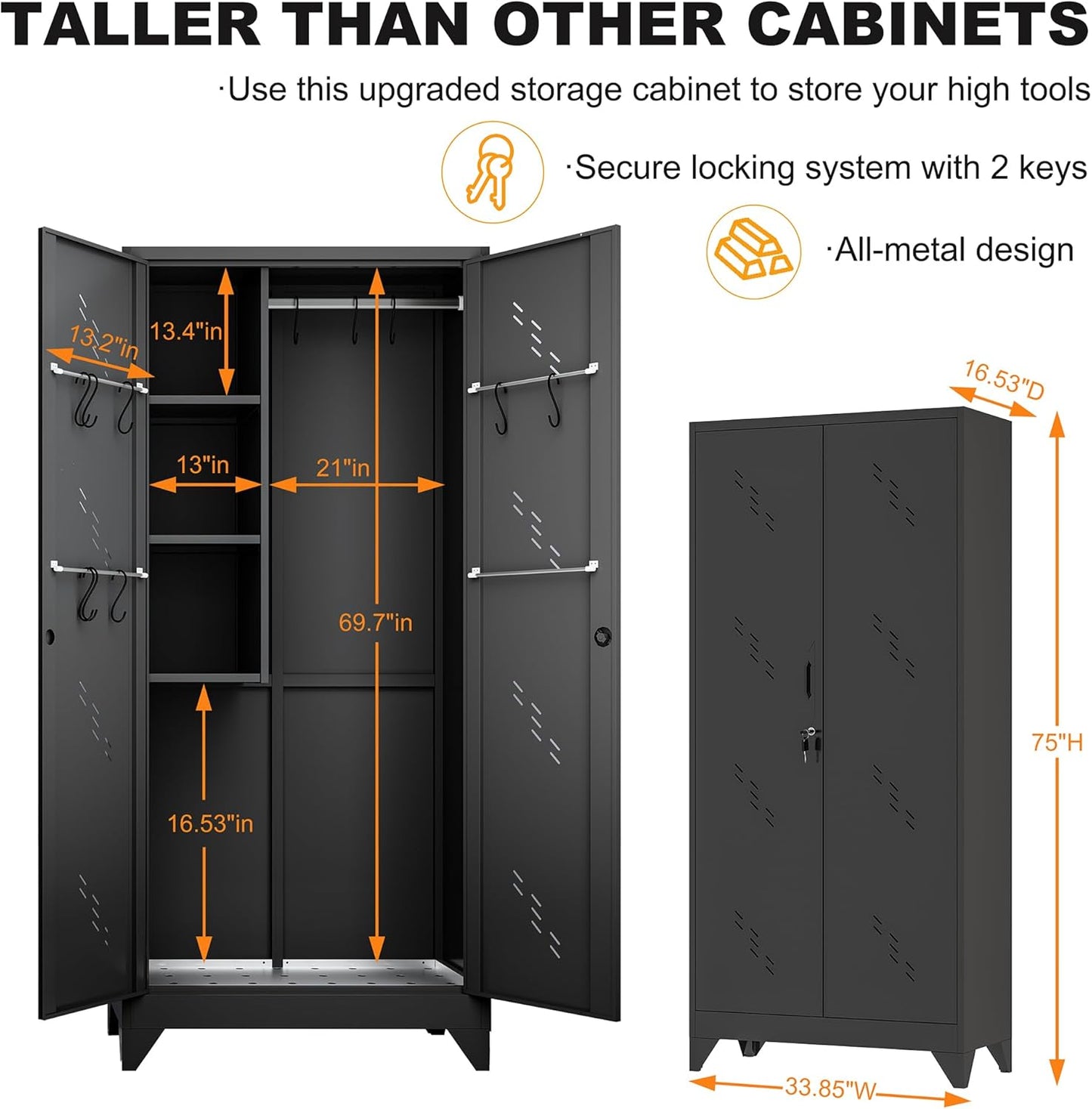 75" Metal Storage Cabinet, Tall Broom Cabinet, Garage Cabinets with Locking Doors, Black Outdoor Utility Broom Closet Storage Cabinets for Office, Bathroom, Warehouses