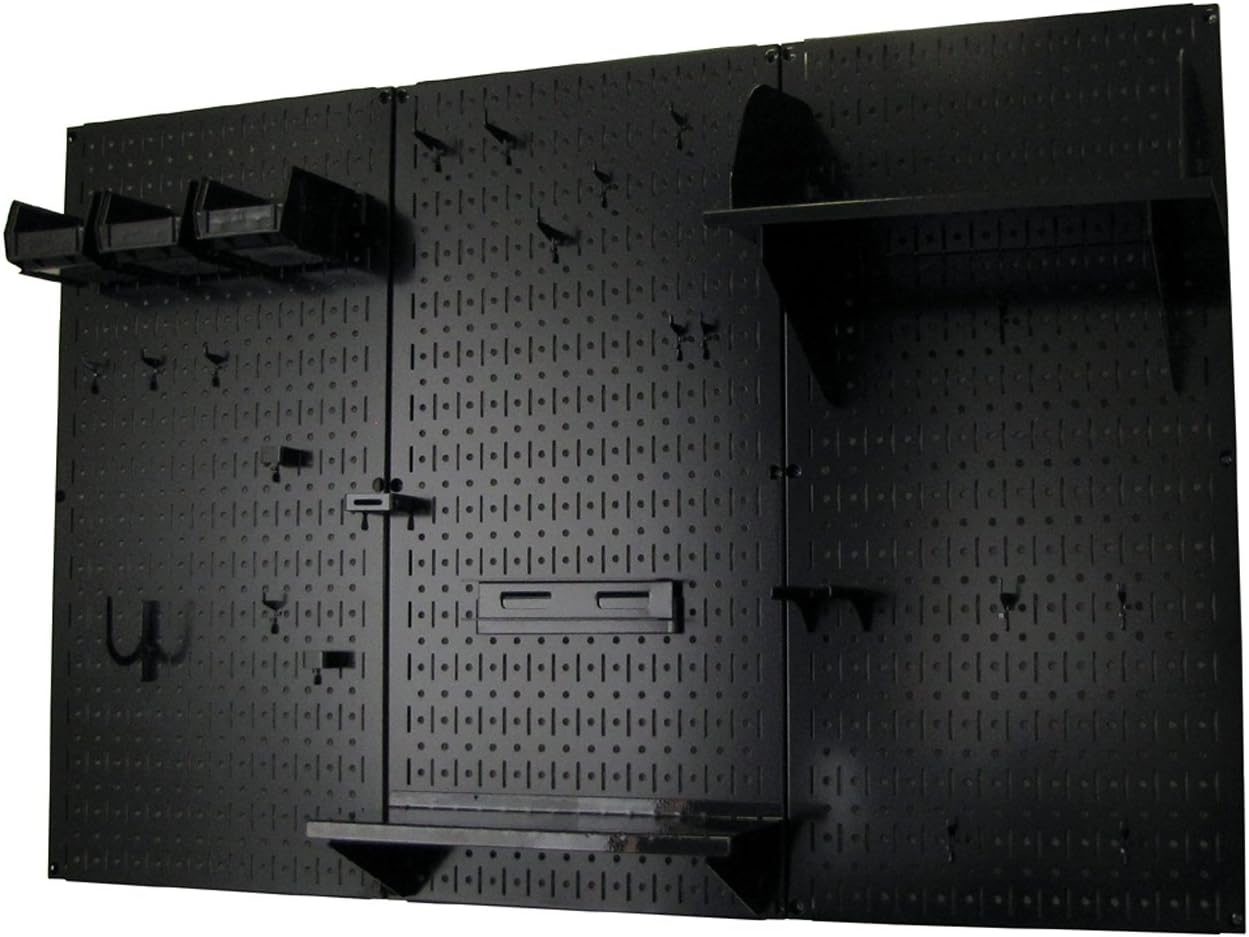 Wall Control Metal Pegboard Organizer 4ft Standard Storage Kit with Tool Board & B Slotted Storage Panel Deluxe Black Hooks
