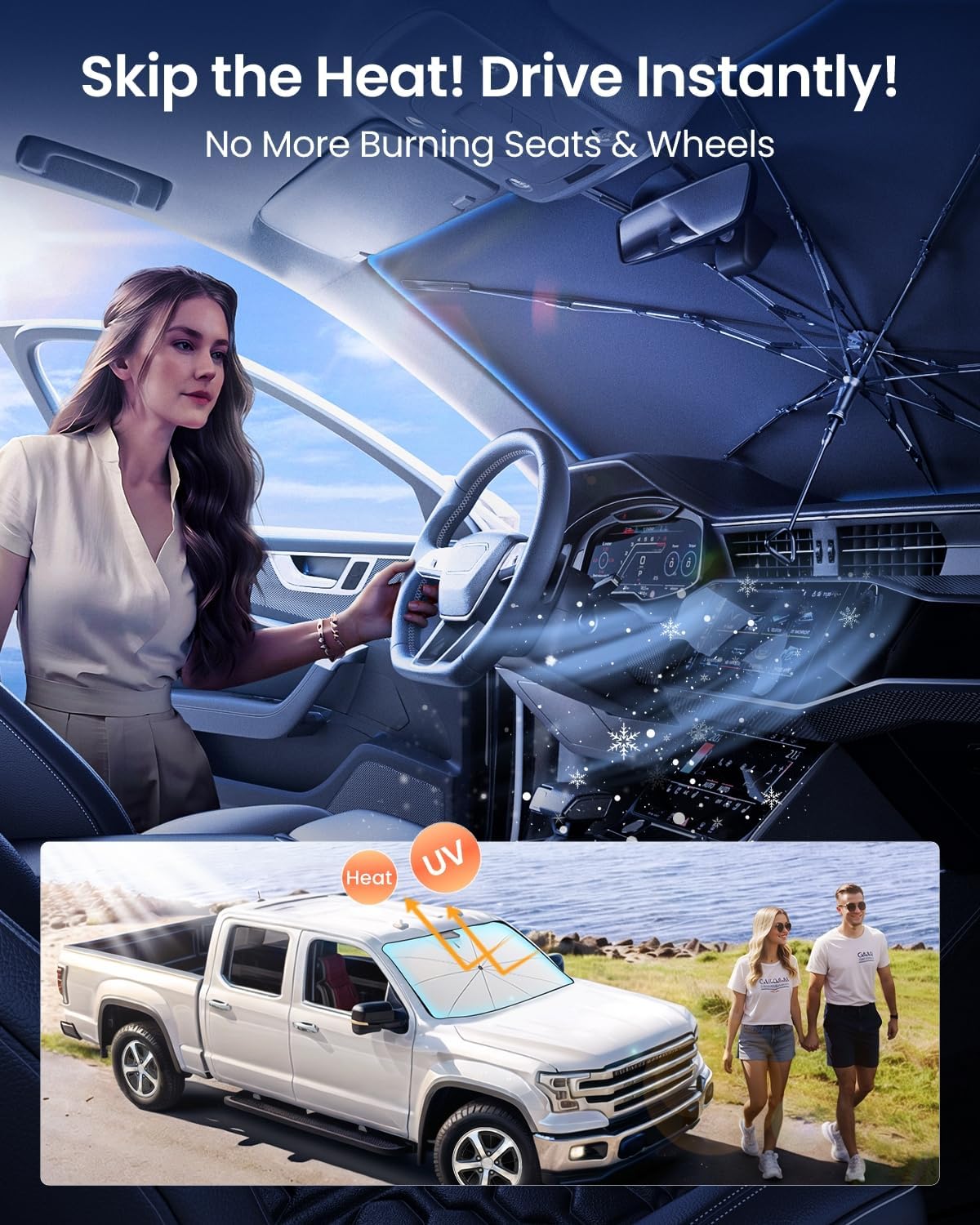 REEVAA 2025 Upgraded Truck Windshield Sun Shade Umbrella [100% Sun Protection & Keep Cool] Protect Interior, 360° Flex Handle Sun Shield Sunshade, X-Large (61''x40'') for Full-Size Trcuk/MPV Car