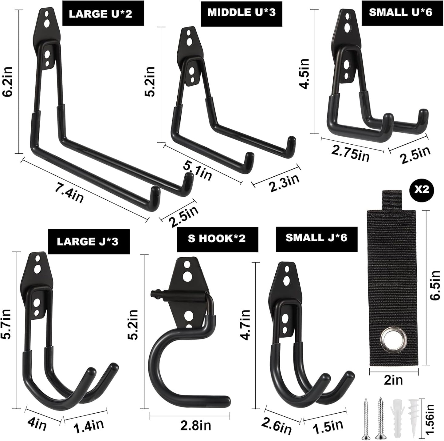 Garage Hook Heavy Duty Wall Storage Hangers, 24 Pack Garage Storage Hooks Steel Tool Black for Ladders, Ropes, Garden Tools