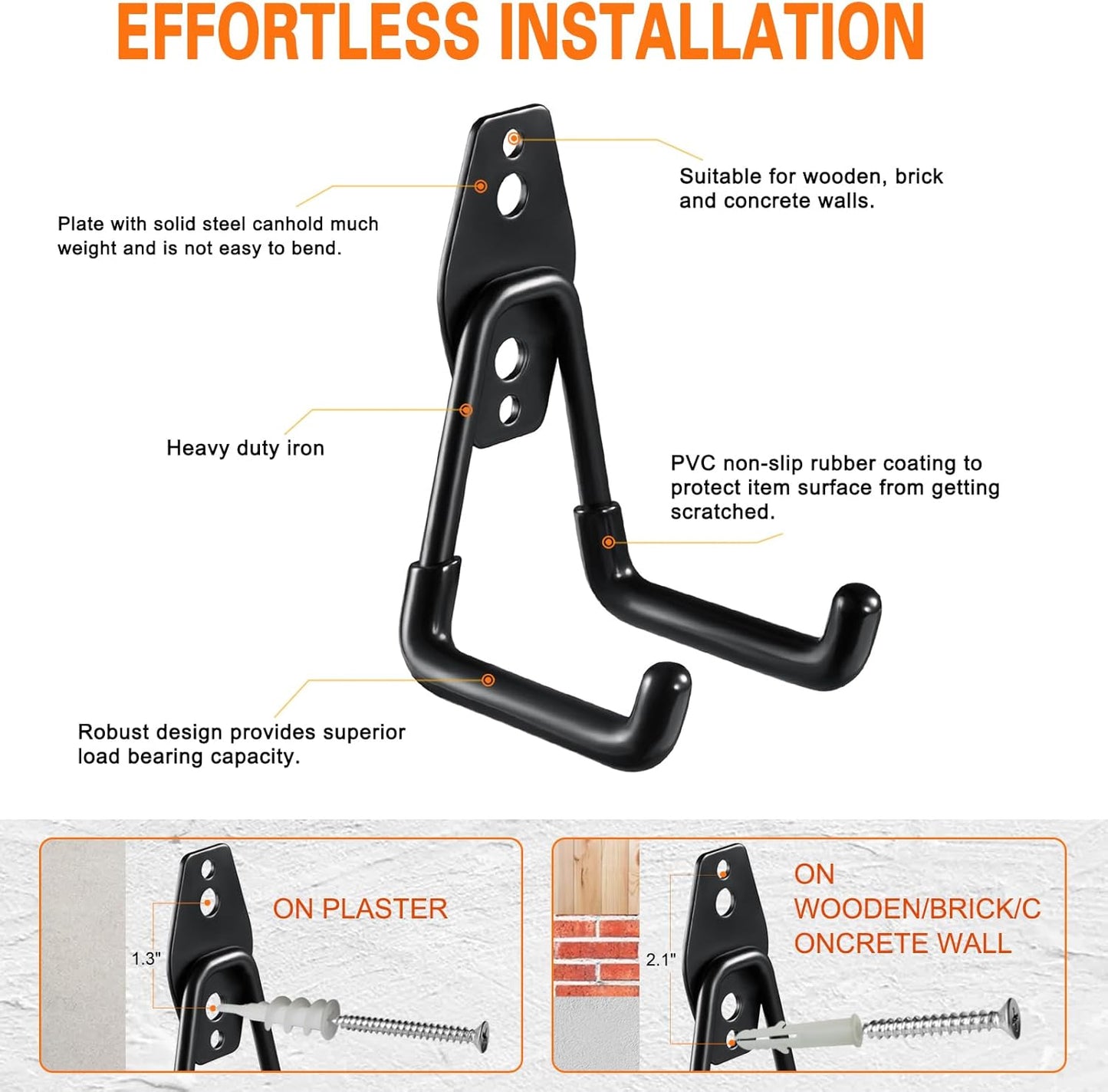 Heavy Duty Garage Hooks 6 Pack, 2.8 inch Small U Shaped Hanger, Wall Mounted Storage System, Power and Garden Tool Organizer, for Hanging Ladders, Hose, Bulk Items and More