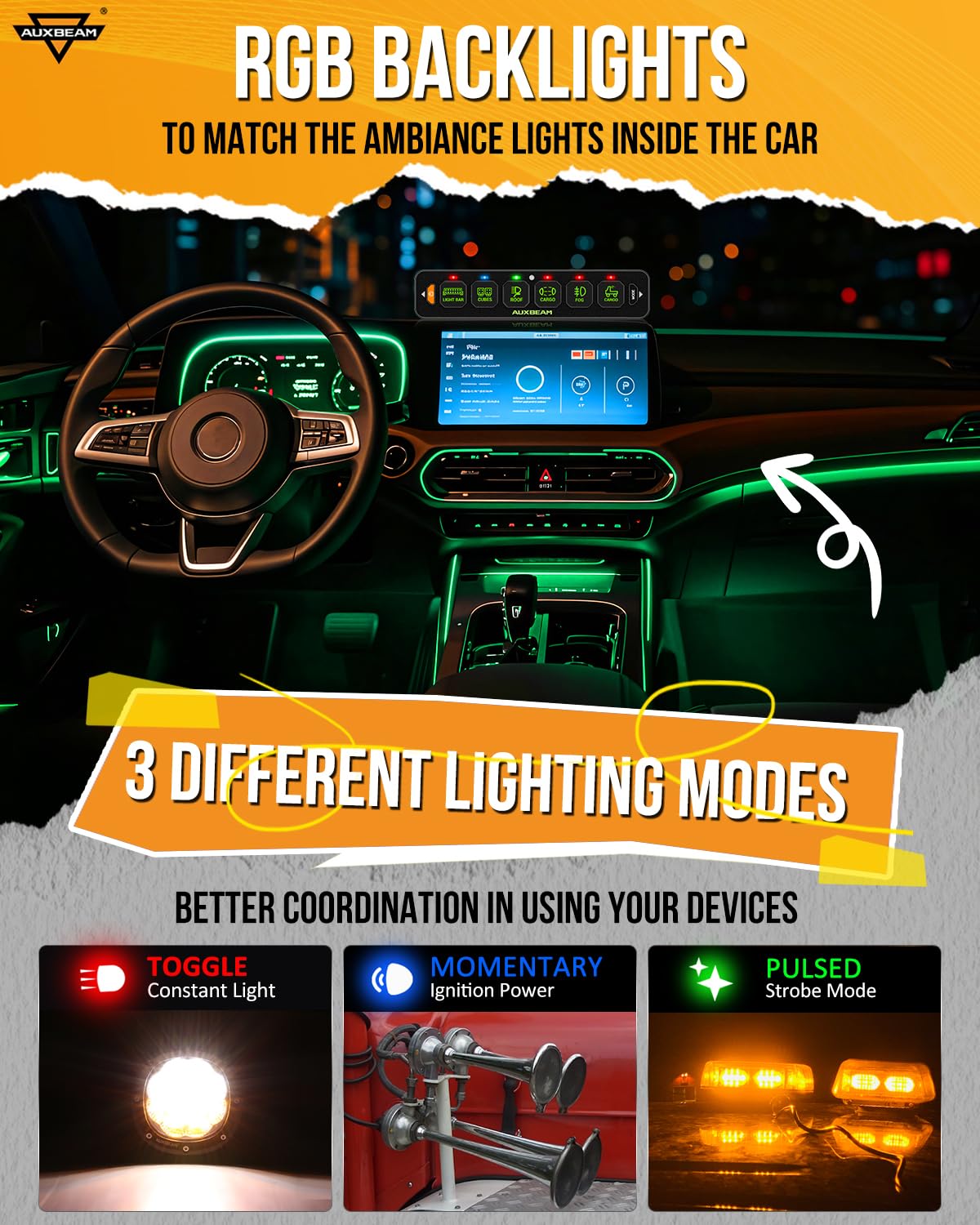 Auxbeam 6 Gang Slim Switch Panel RGB AS-R60 Toggle Momentary Pulsed Dimmable Backlight Multifunction Switch Panel with Memory Function for 12-24V Truck Offroad Car Marine Waterproof
