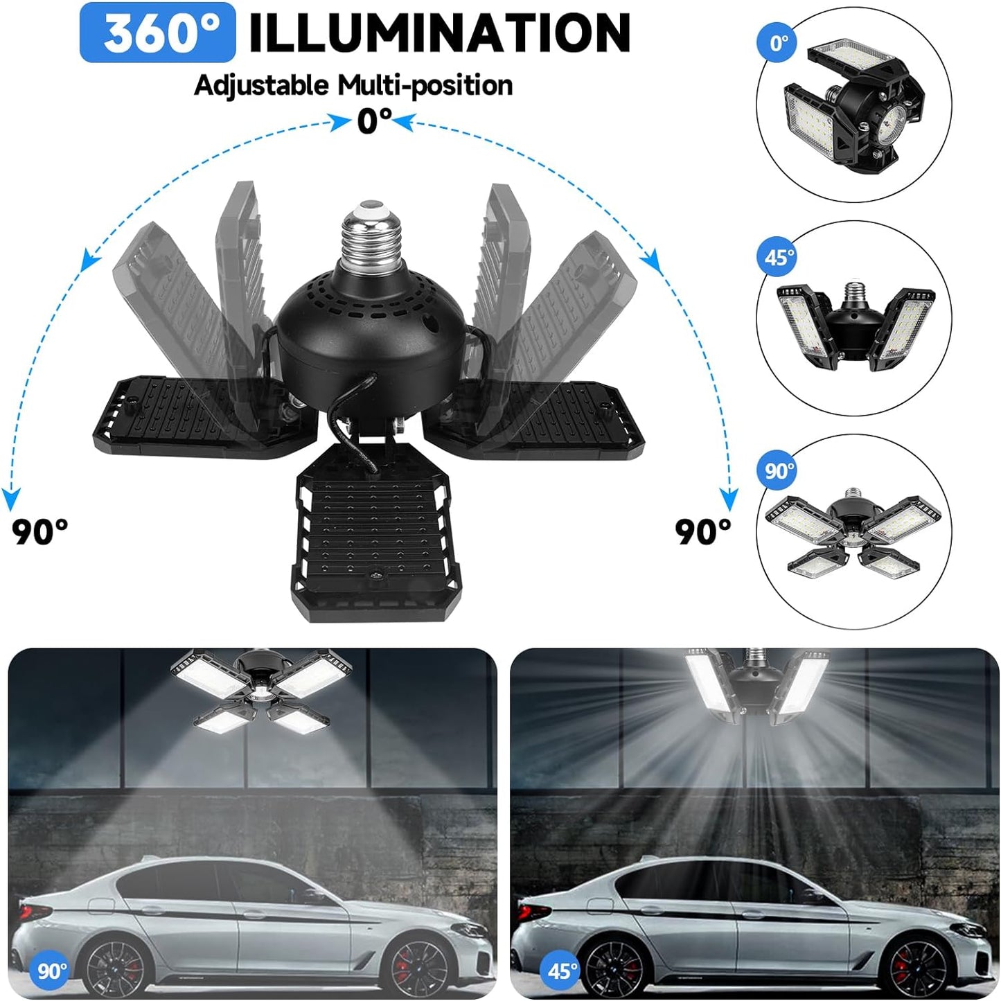 LED Garage Lights 4 Pack -120W, 12000LM 6500K Led Shop Light with 4+1 Deformable Panels, Basement Barn Light Garage Ceiling Lights, E26/E27 for Garage, Warehouse, Shop