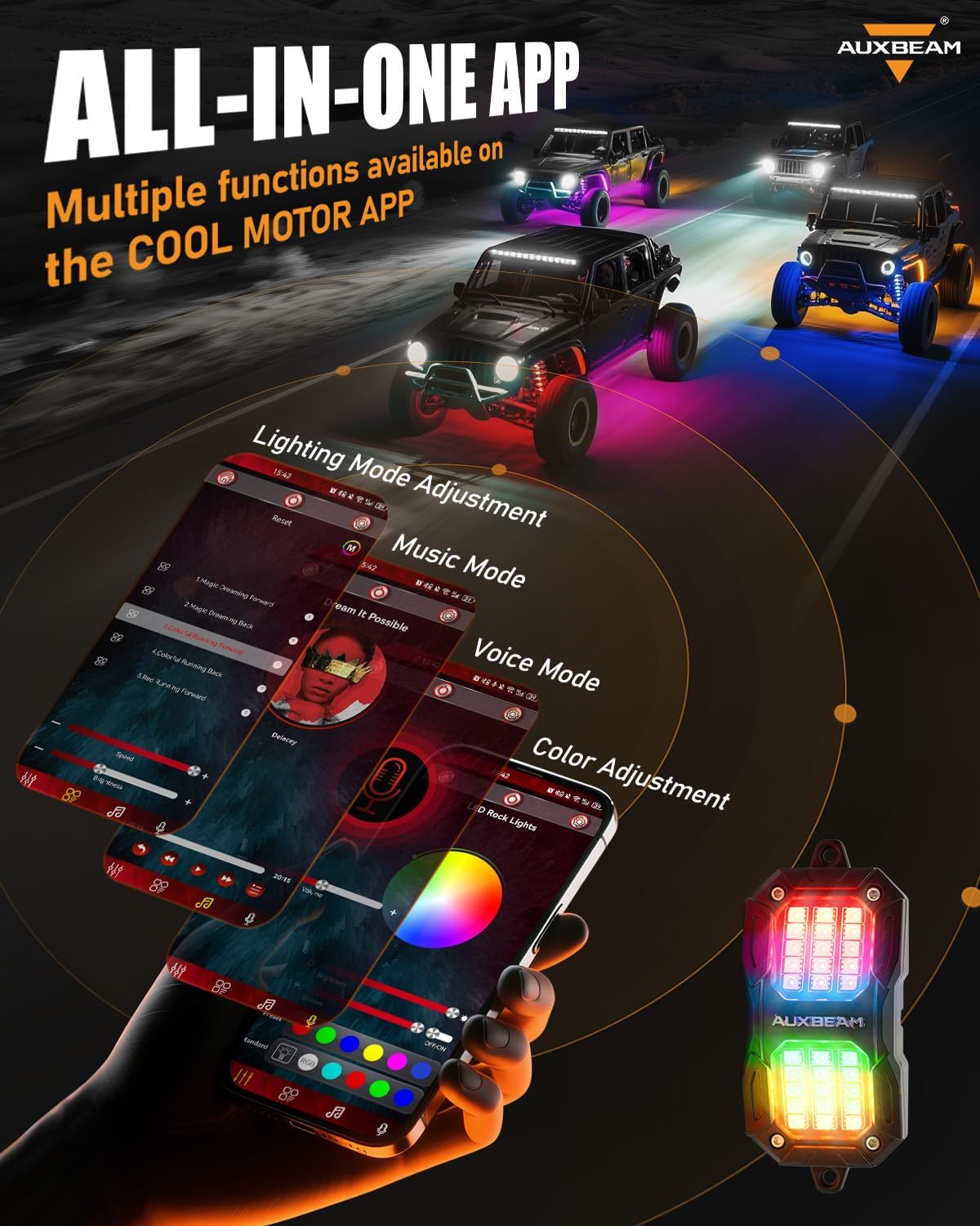 Auxbeam 4 Pods LED Rock Lights w/Brake Mode, Chasing Color RGB Wheel Well Lights w/Bluetooth APP& Remote Control, Music Voice Sync Underglow for Trucks UTV ATV Boat Waterproof, 1 Year Warranty