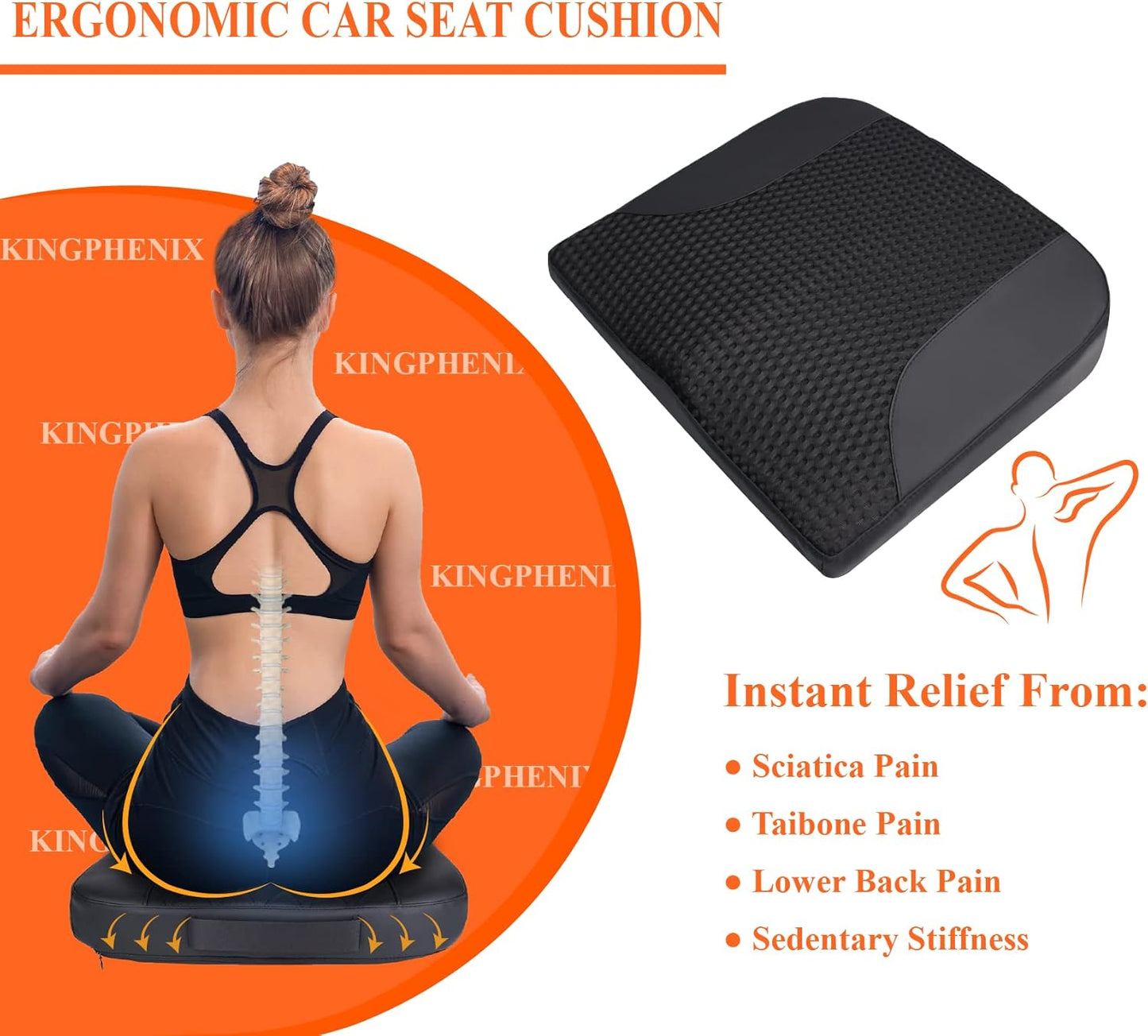 kingphenix Premium Car Seat Cushion, Memory Foam Driver Seat Cushion to Improve Driving View- Coccyx & Lower Back Pain Relief- Seat Cushion for Car, Truck, Office Chair (Black Mesh Cloth)