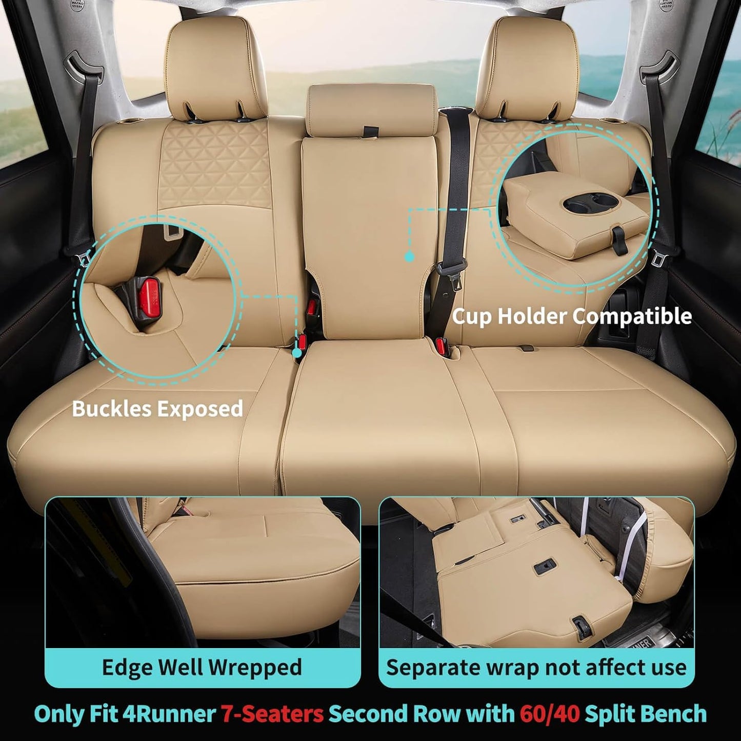 Seat Covers for Toyota 4Runner 2011-2024, Faux Leather Car Seat Cover Full Set, 3-Row-Only for 7 Seats Version-Beige