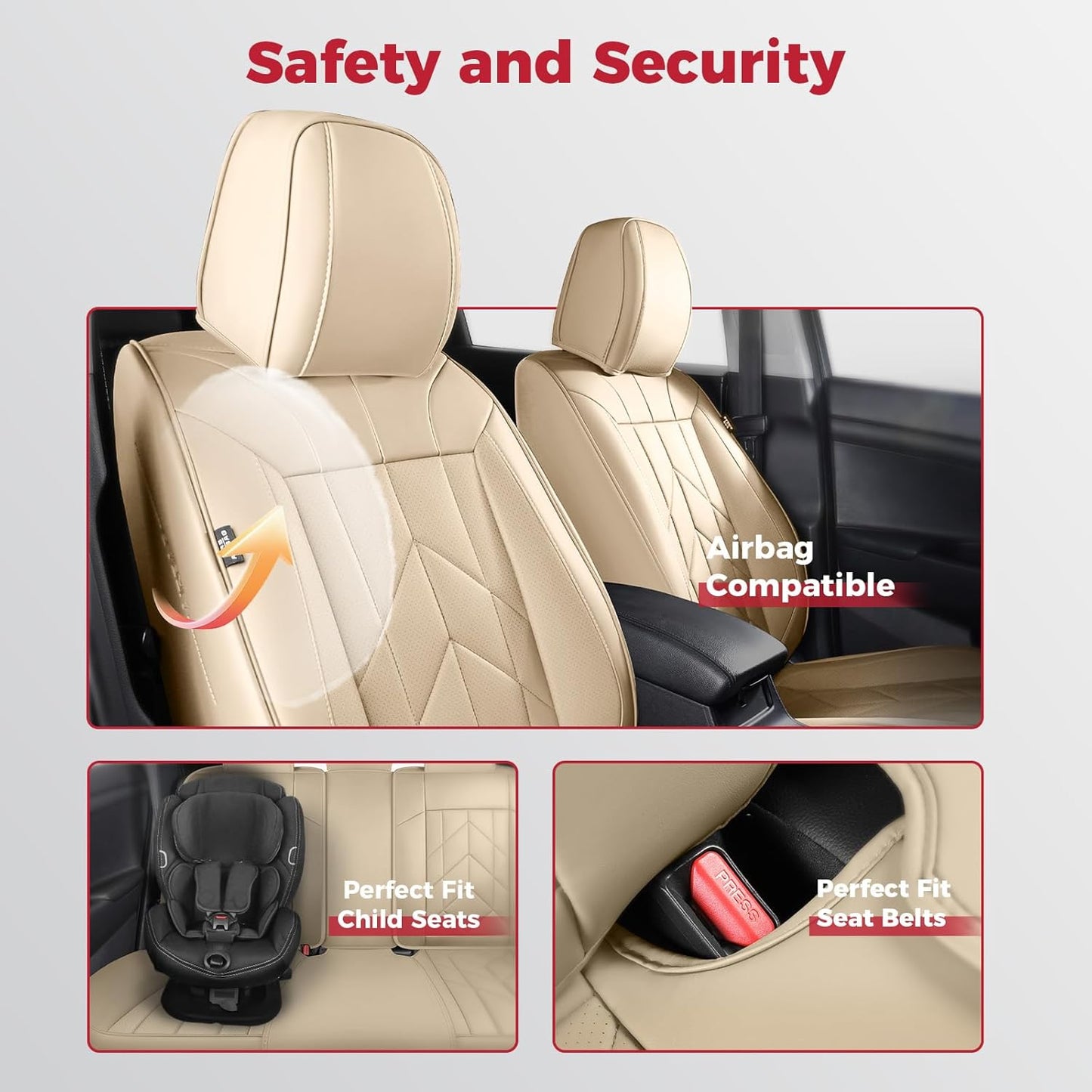Beige Car Seat Covers Full Set - Waterproof Leather Car Seat Protector Universal Fit Altima Murano Accord Avalon