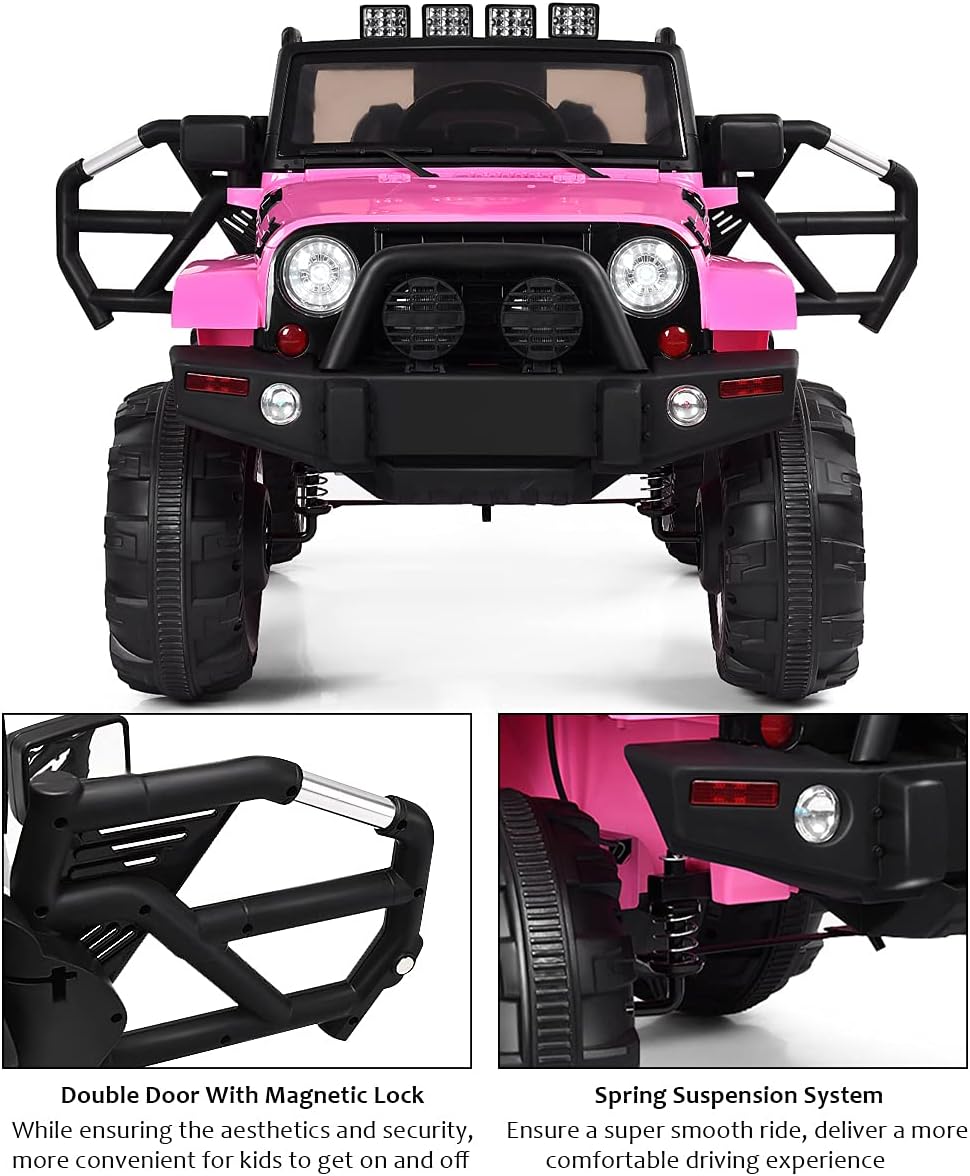 Costzon Ride On Car, 12V Battery Powered Electric Ride On Truck w/Parental Remote Control, LED Lights, Double Open Doors, Safety Belt, Music, MP3, Spring Suspension (Pink)