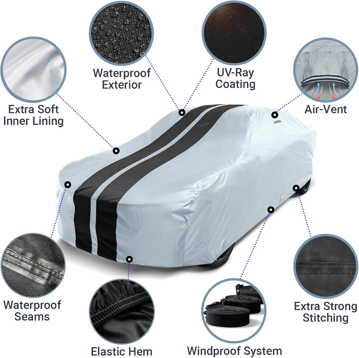 iCarCover Custom Car Cover for Pontiac Bonneville (1971-1976) Waterproof All-Weather Rain Snow UV Sun Protector Full Exterior Indoor Outdoor Car Cover (Stripe - Gray/Black)