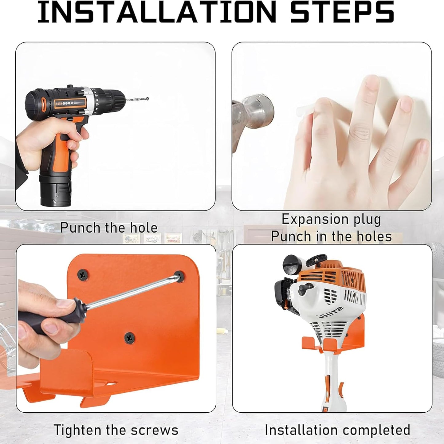 Weedeater Hanger, 1 Pack Weed Eater Hanger for Garage Wall-mounted Organizer Trimmer Rack Storage for Grass Trimmer, Hedge Trimmer, Garage Wall, Garden Tools, Orange