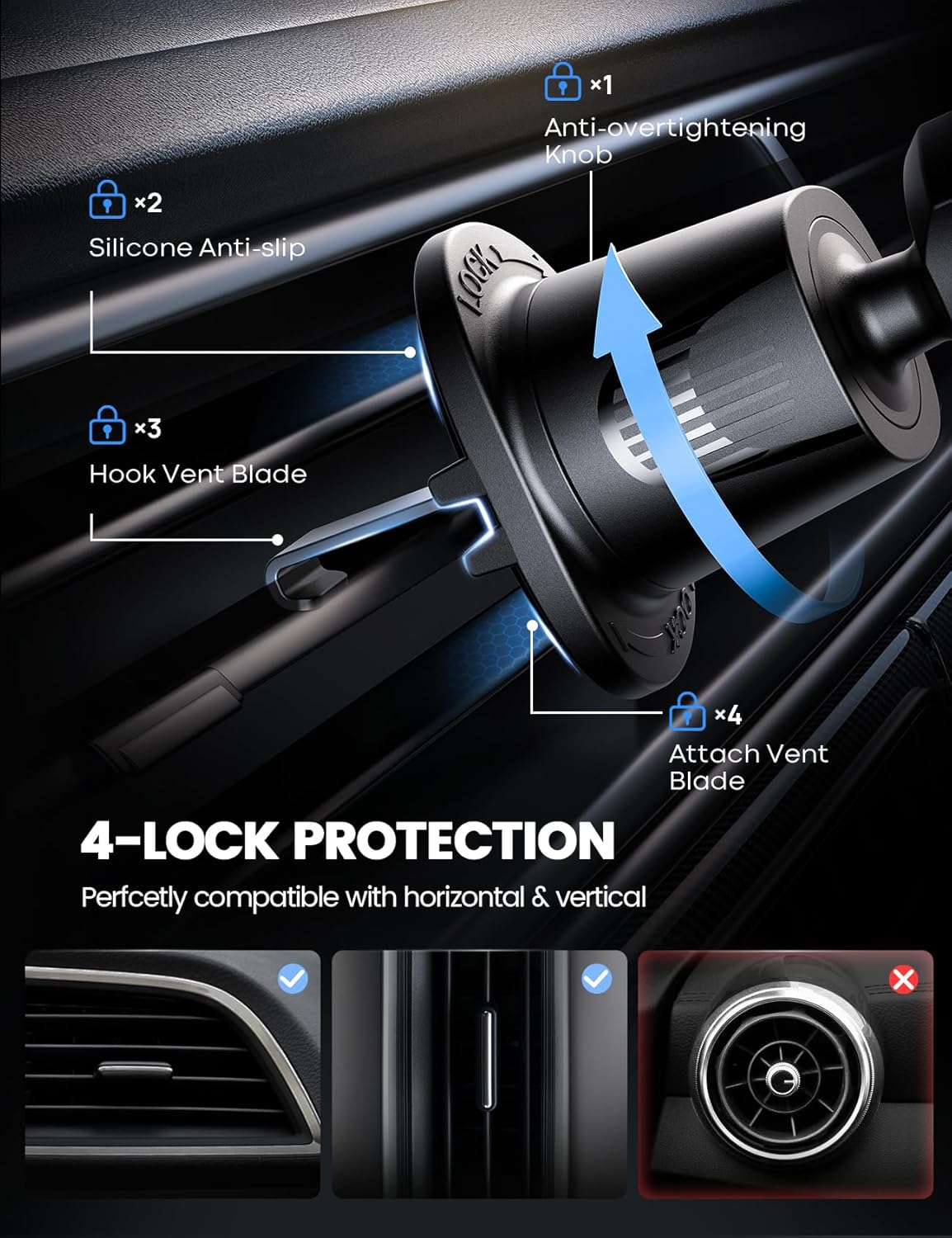 Lamicall 2025 Wider Clamp & Metal Hook Car Phone Holder Vent [Thick Cases Friendly] Phone Holders for Your Car Mount Automobile Hands Free Cradle Air Vent for Smartphone (Dark Grey)