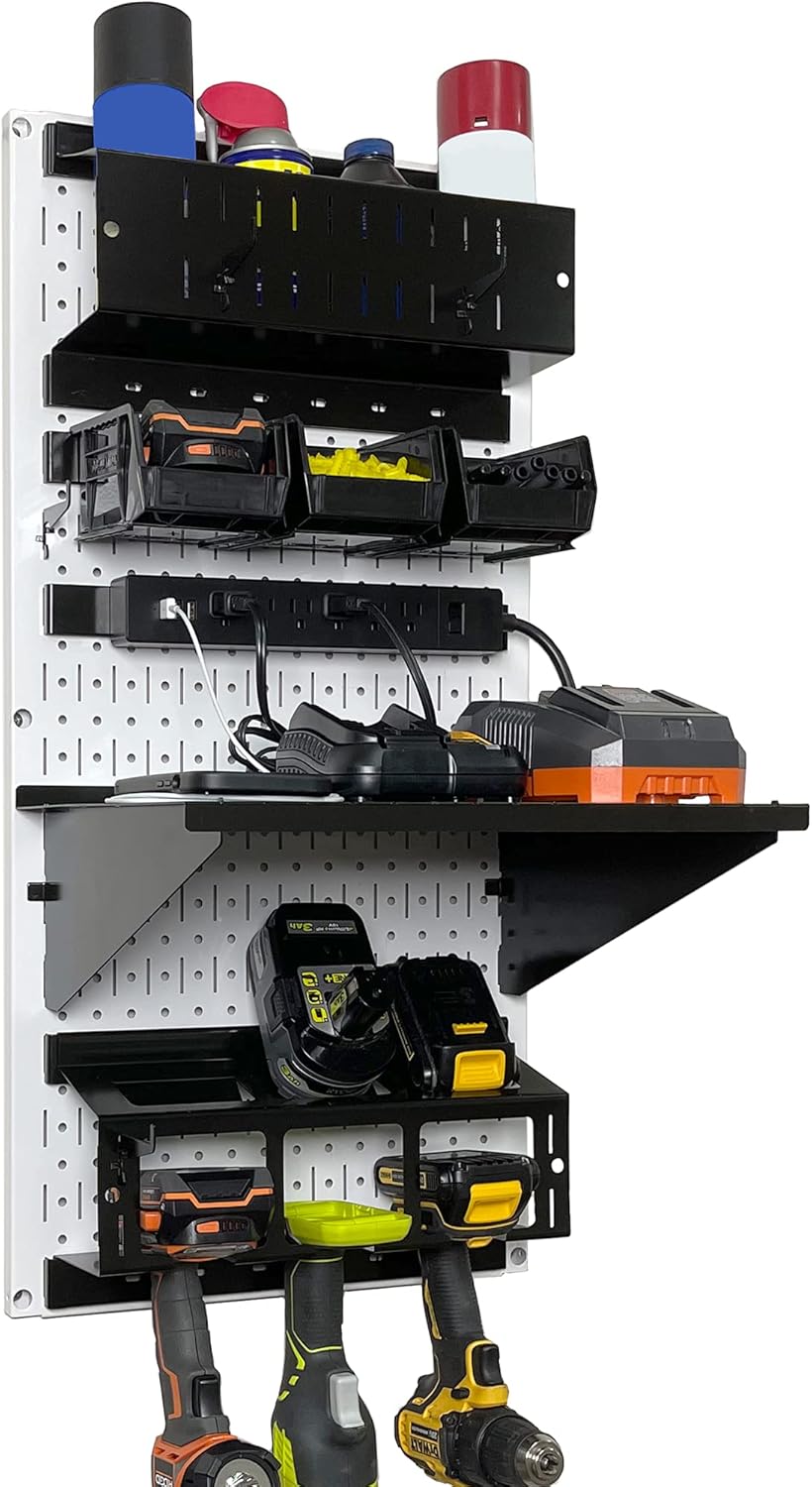 Wall Control Power Tool Storage Organizer Kit Cordless Drill Holder Charging Station Rack 16” x 32” Metal Pegboard Organization System (White Pegboard)