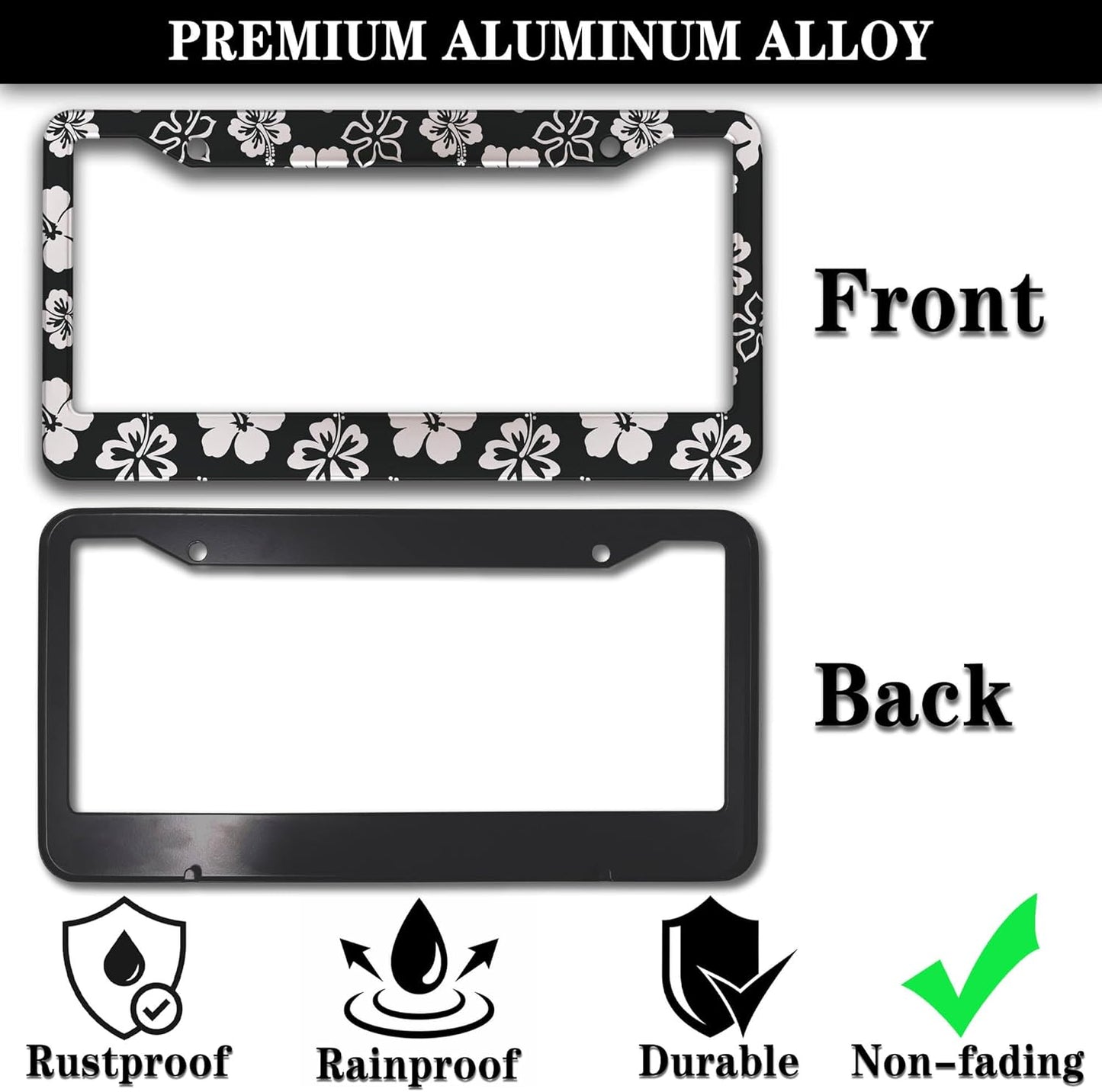 Automotive Exterior Accessories Black and White License Plate Frames Beautiful Hibiscus Flowers Universal Aluminum Car Accessory 2 Pack with Screw Covers Set