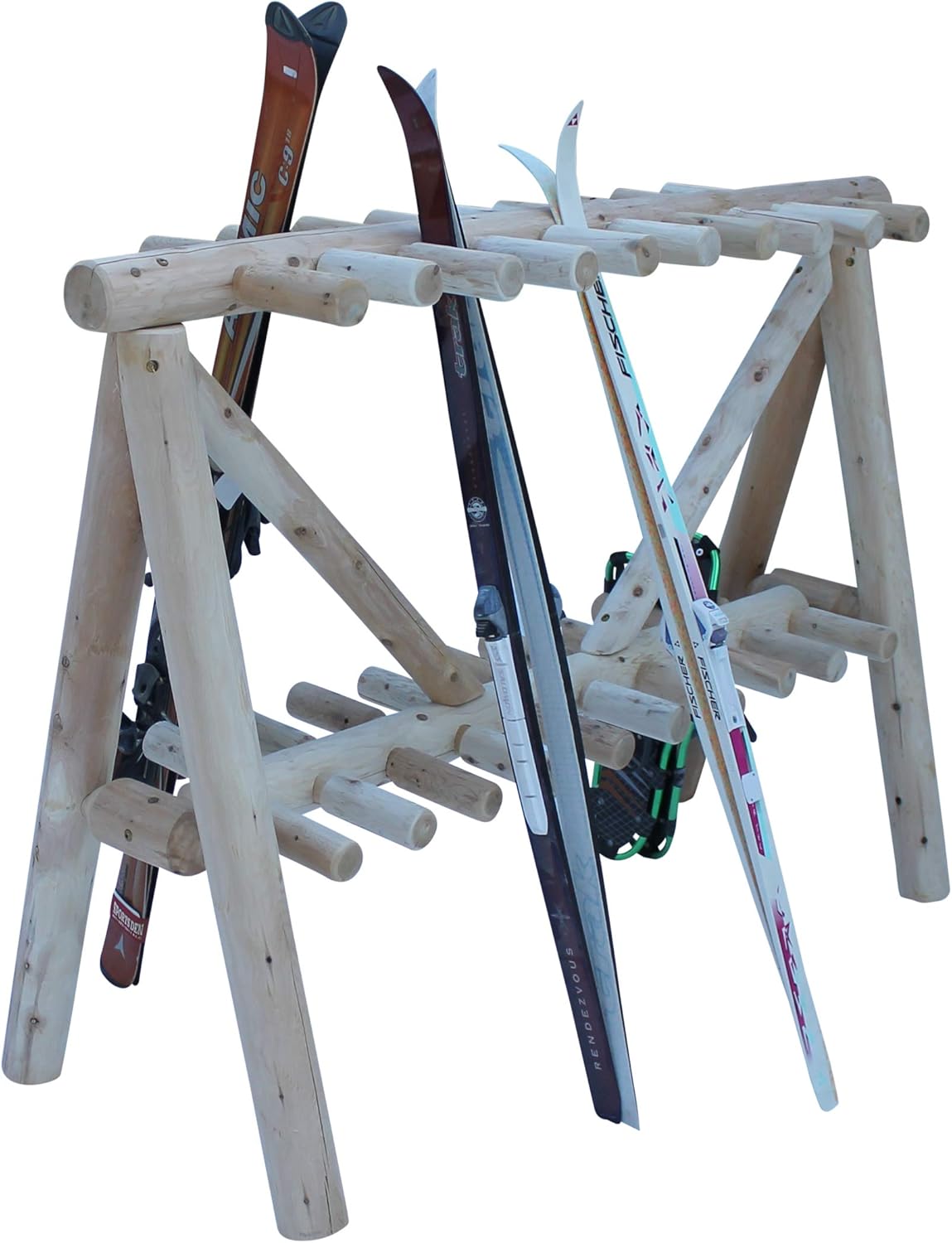 21-Place Freestanding Log Ski Rack Holder, Indoor & Outdoor Snowboard Racks, Standing Storage, Garage Racks for Snow Skis & Poles, Snowboard Rack Garage Storage Organizer - Unfinished + 15" Anchor Kit