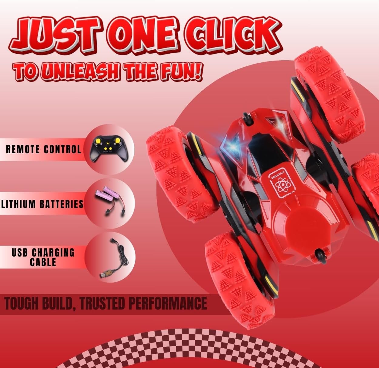All-Round Drive Stunt RC Car - 360° Spins, High-Speed Off-Road with LED Headlights, 2 Rechargeable Batteries, AAA Remote Batteries, All-Terrain for Kids 6+ & Adults (Red)