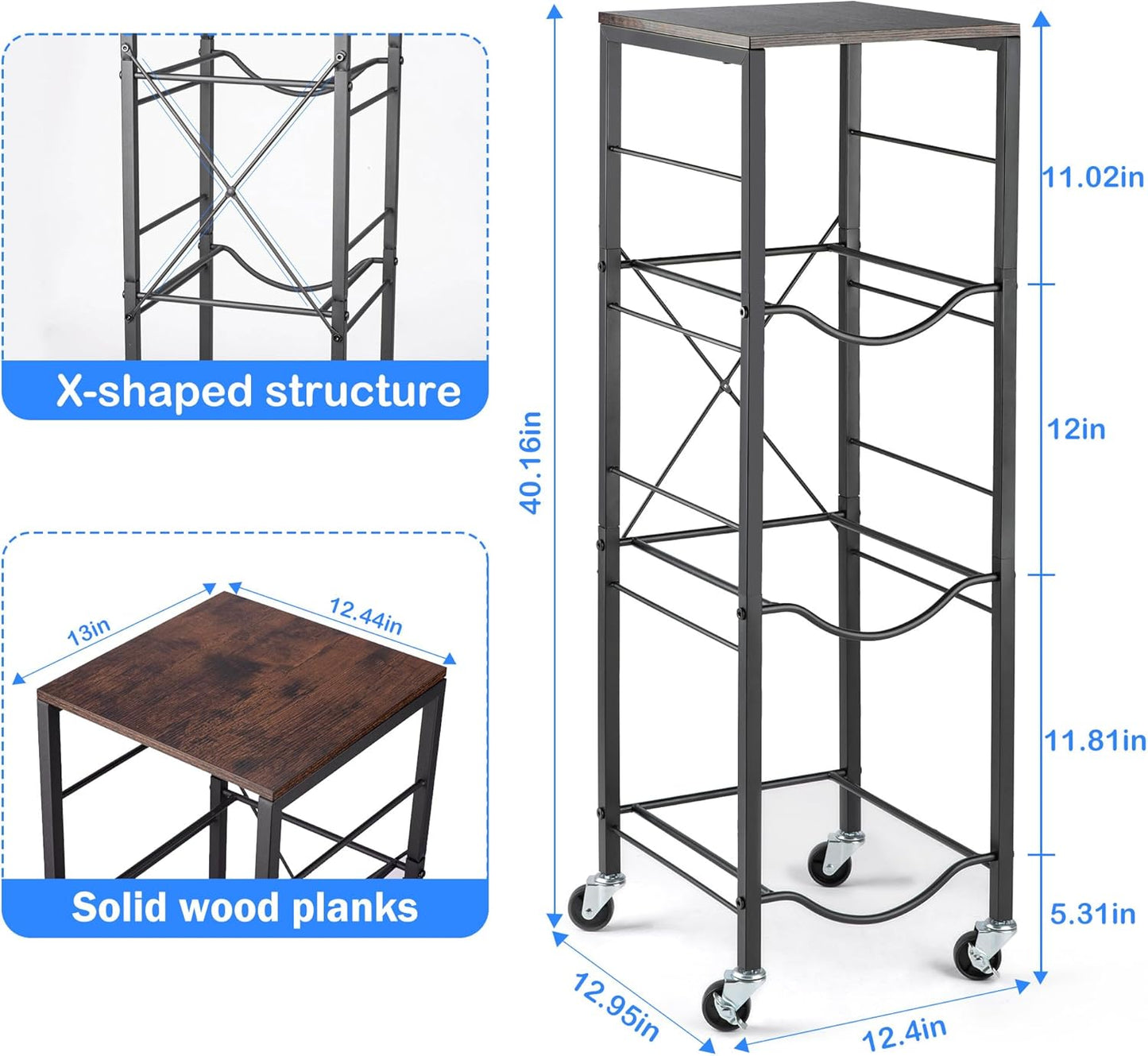 3-Tier 5 Gallon Water Bottle Holder with Lockable Casters, Heavy Duty Water Jug Rack with Wood Top Shelf, Water Dispenser Stand for Kitchen, Office, Garage