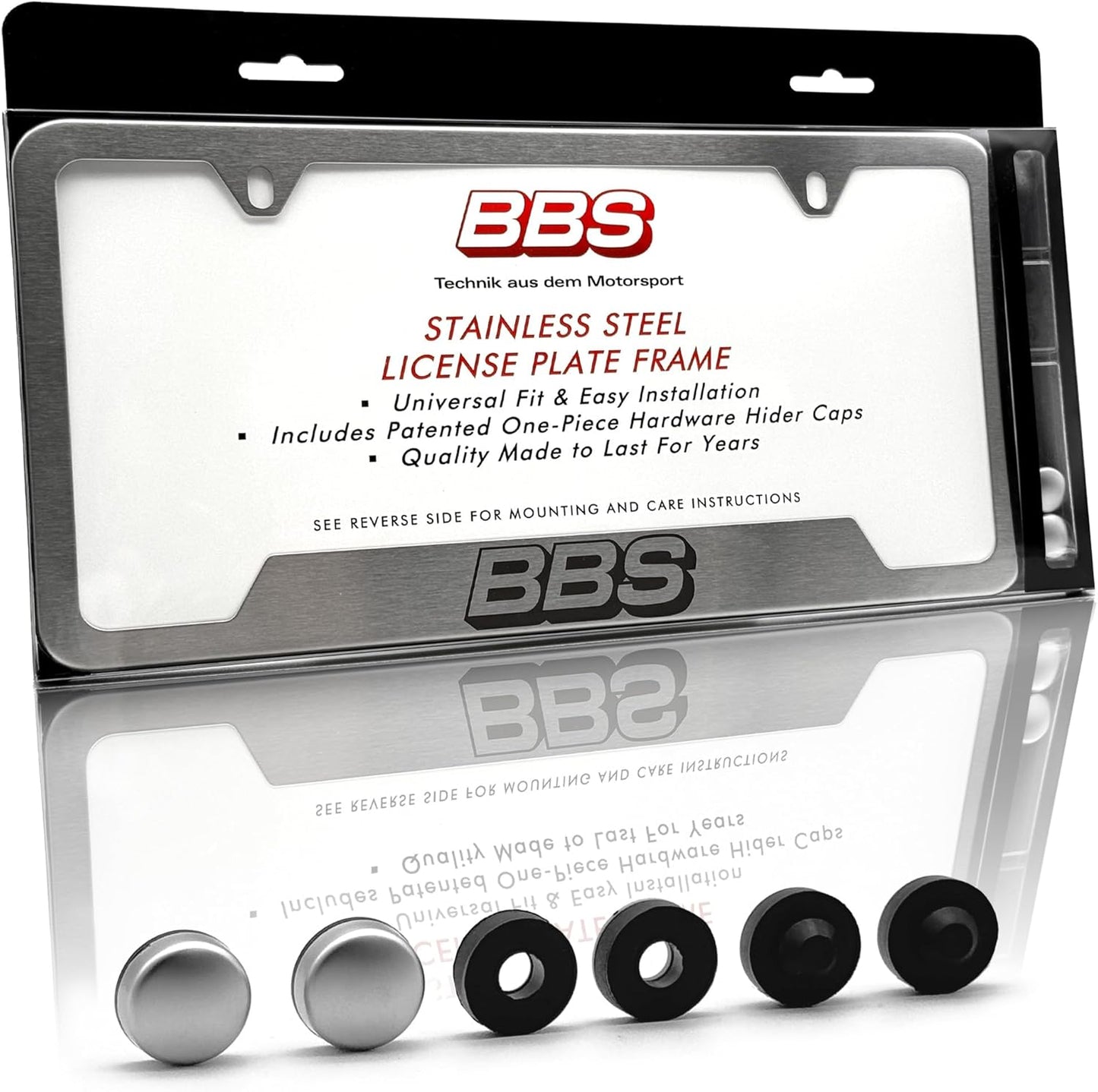 BBS Official Brushed Chrome Stainless Steel License Plate Frame – Made in USA – Premium Rustproof Powder-Coated Metal Car Accessory – Universal Fit – 1 Pack