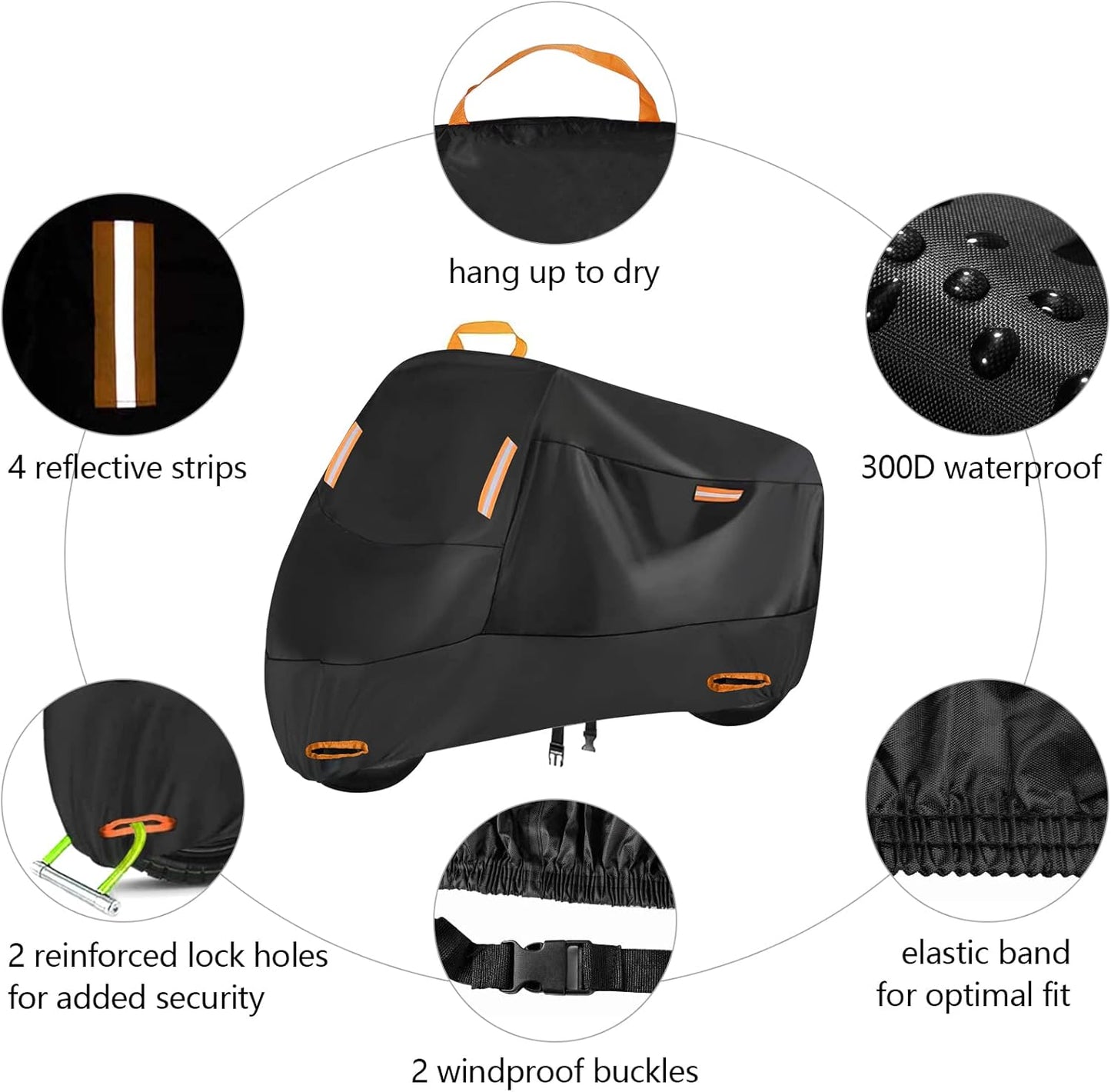300D Heavy Duty Motorcycle Cover, SECELES All Season Durable Waterproof Outdoor Protection Scooter Cover 4 Reflective Tape Lock-Holes fits up to 86" Yamaha Honda Harley Suzuki (XXL: 86" x 37" x 50")