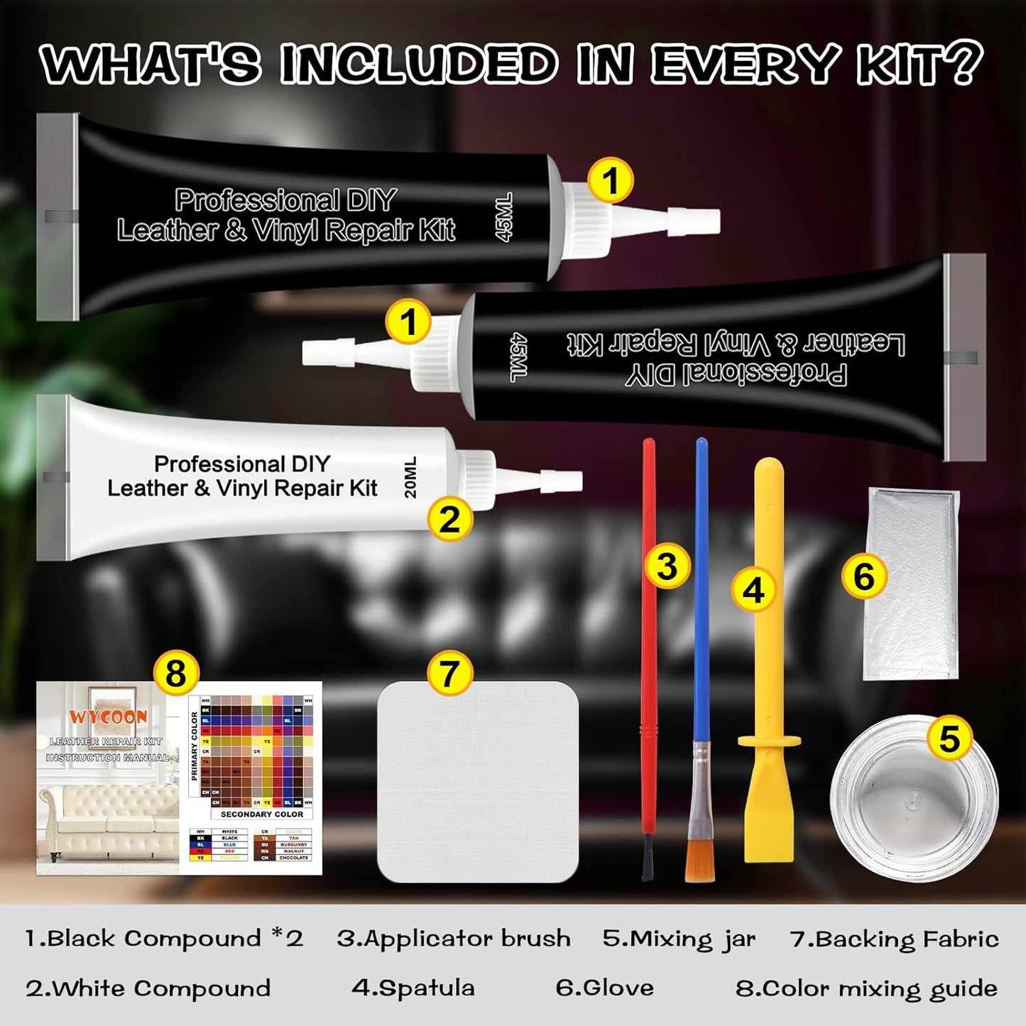 Black Leather & Vinyl Repair Kit, Fix Fading, Tears, Scratches, and Peeling on Leather and Vinyl Furniture, Car Seats, and Jackets, Easy Instruction with Color Mixing Guide