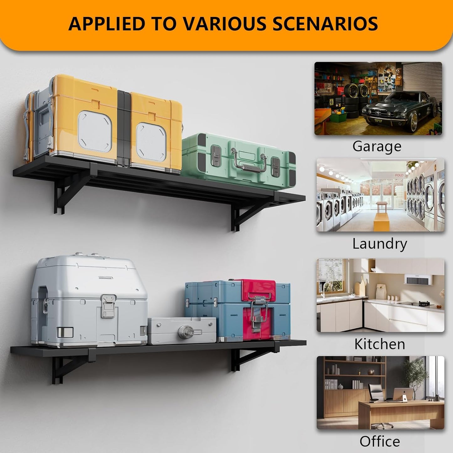 4-Pack 1.5x4ft Garage Shelving Wall Mounted, 1200lbs Load Capacity, Heavy Duty Garage Storage Shelves, Storage Rack, Black