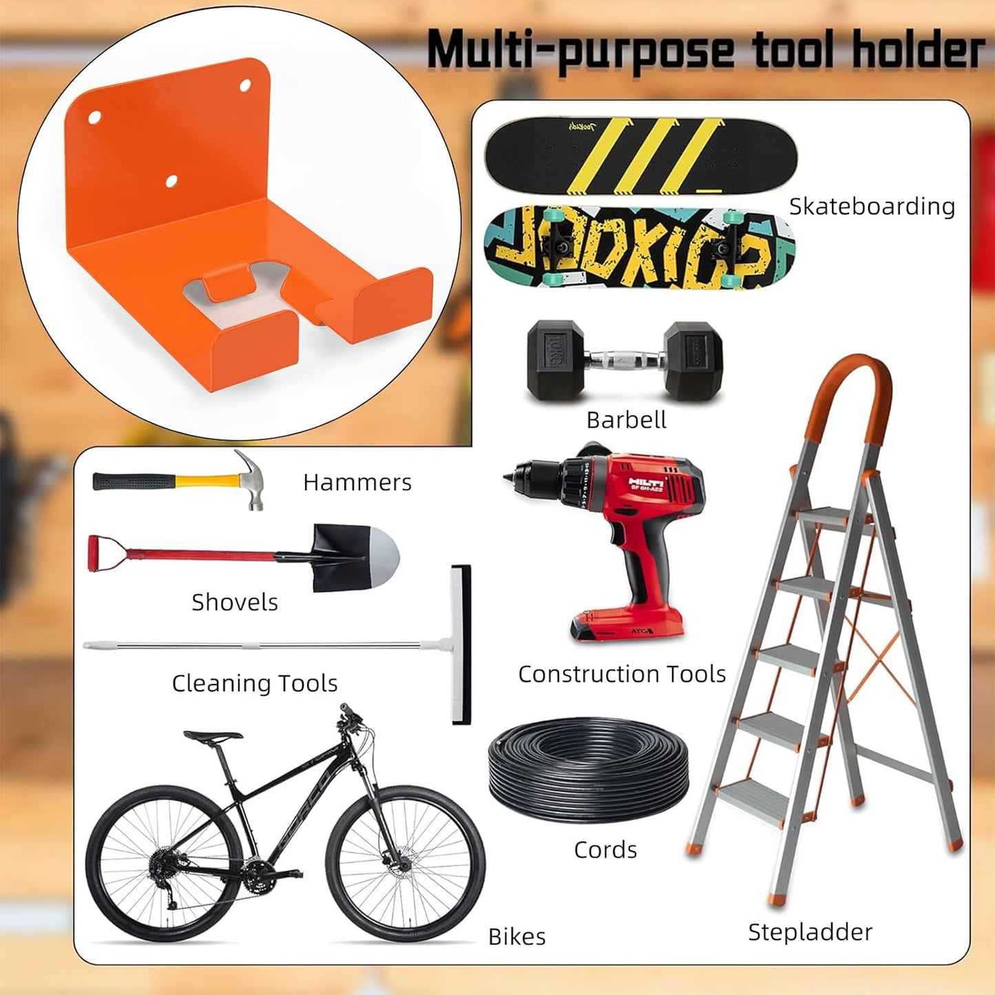 Weedeater Hanger, 1 Pack Weed Eater Hanger for Garage Wall-mounted Organizer Trimmer Rack Storage for Grass Trimmer, Hedge Trimmer, Garage Wall, Garden Tools, Orange