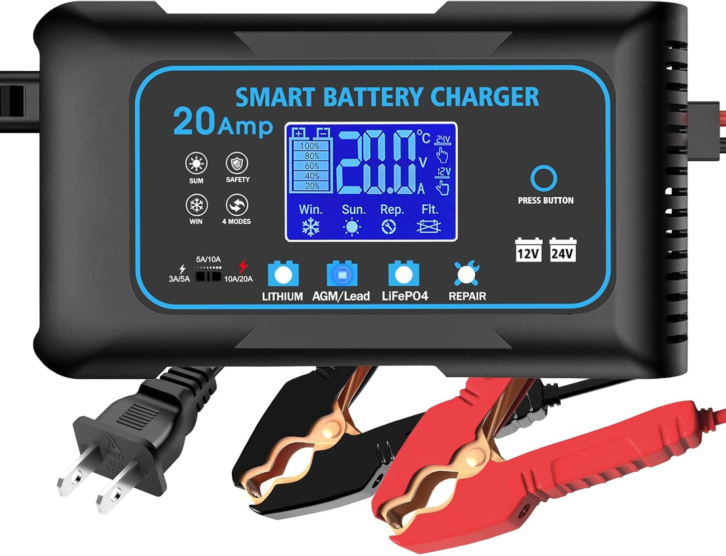 20-AMP Car Battery Charger, 12V 20A and 24V 10A Smart Automotive Charger, Battery Maintainer, Trickle Charger for Car, Motorcycle, Boat, Lead-Acid, Lithium, LiFePo4 Battery