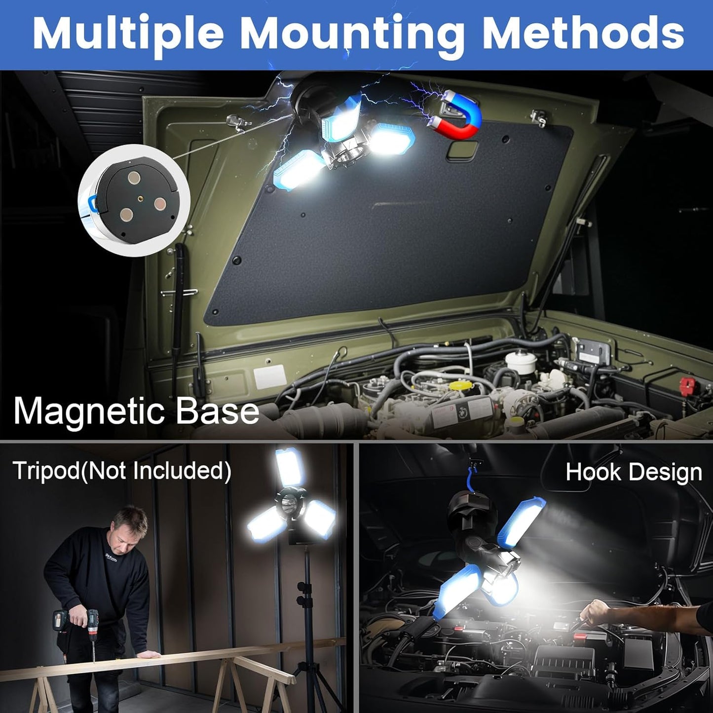 4000LM Rechargeable LED Work Light with Magnetic Base, 360° Illumination & 5 Light Modes - Portable Cordless Construction Light, 5000mAh USB-C Battery for Workshops, Repairs, Camping